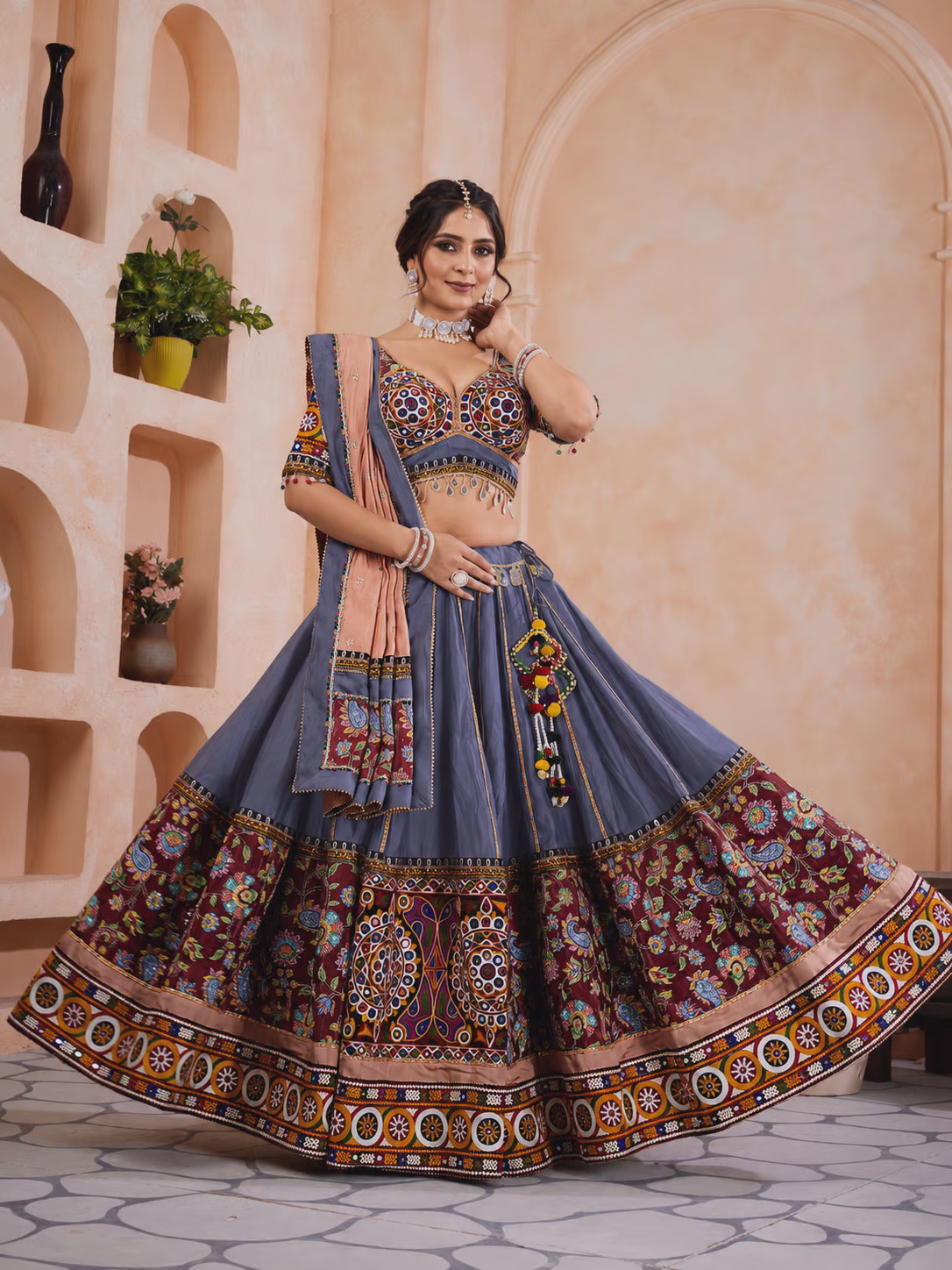 Grey Mirror Work Embroidered Lehenga Choli