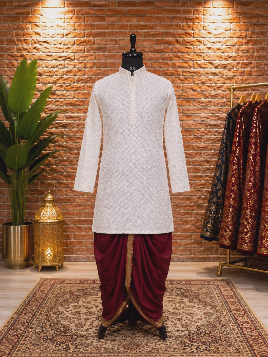 Ivory Embroidered Kurta with Maroon Dhoti Pants