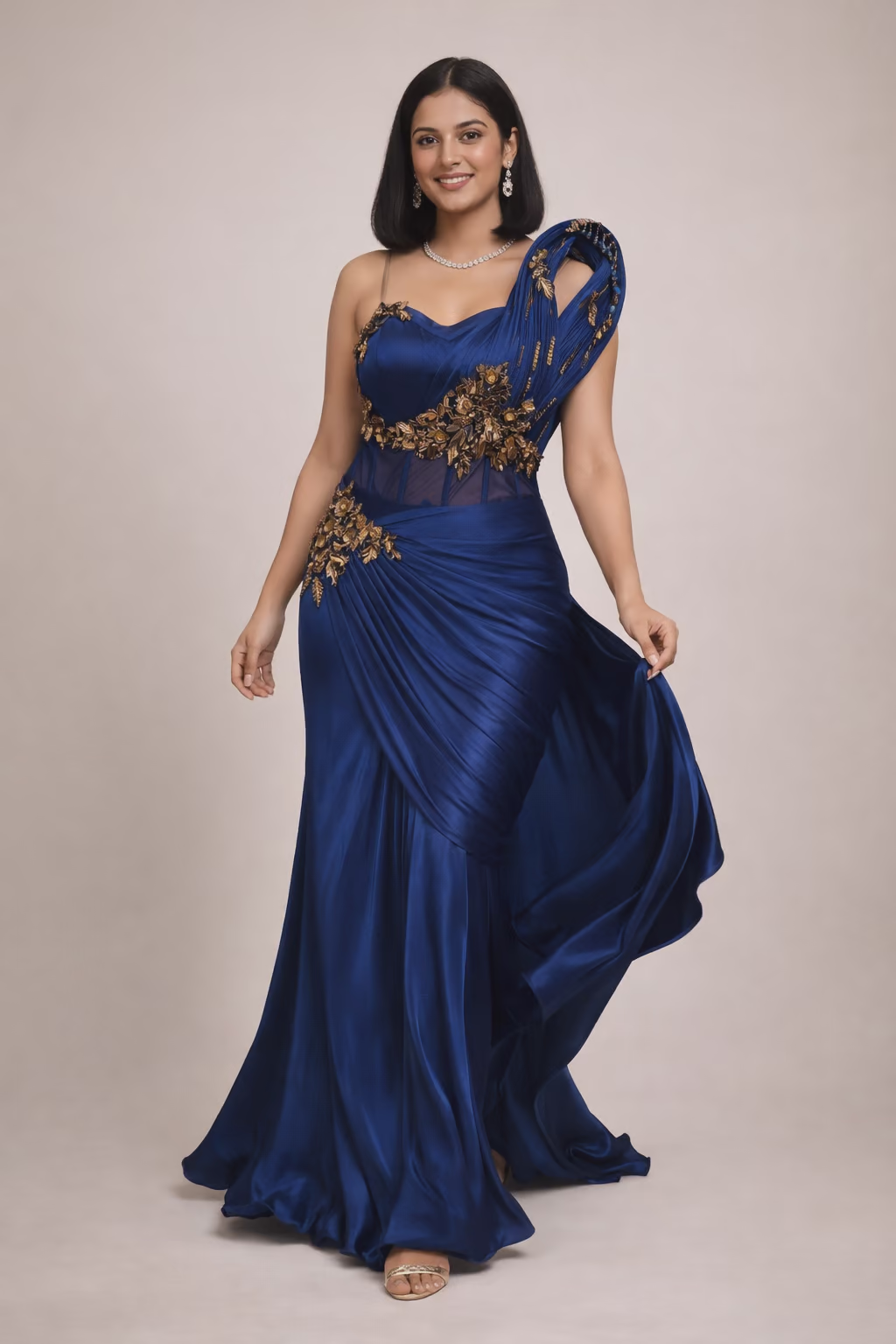 Asymmetrical Midnight Blue Satin Evening Gown with Gold Embroidery