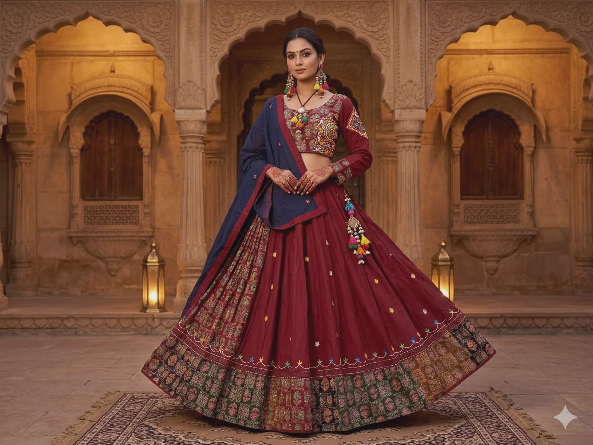 Maroon Embroidered Lehenga Choli with Navy Dupatta