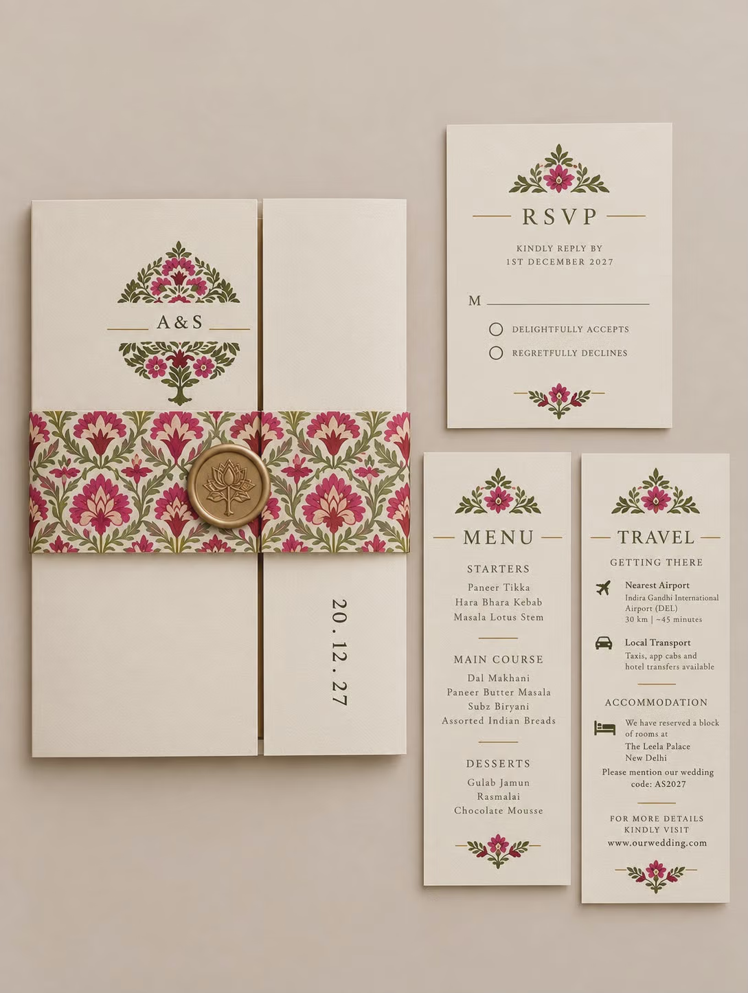 Floral Wedding Invitation Set with Gold Seal