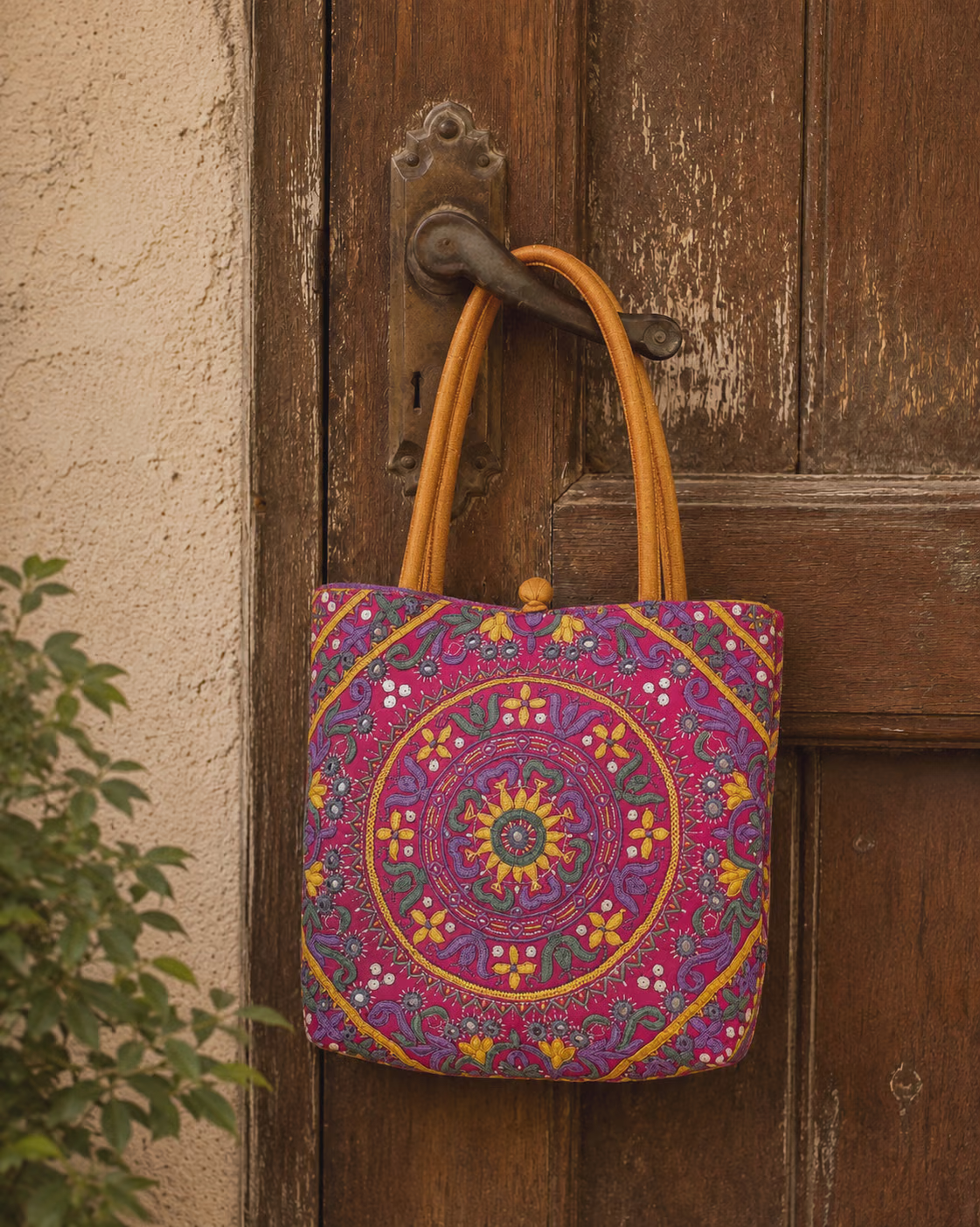 Magenta Fabric Tote Bag with Mandala Embroidery