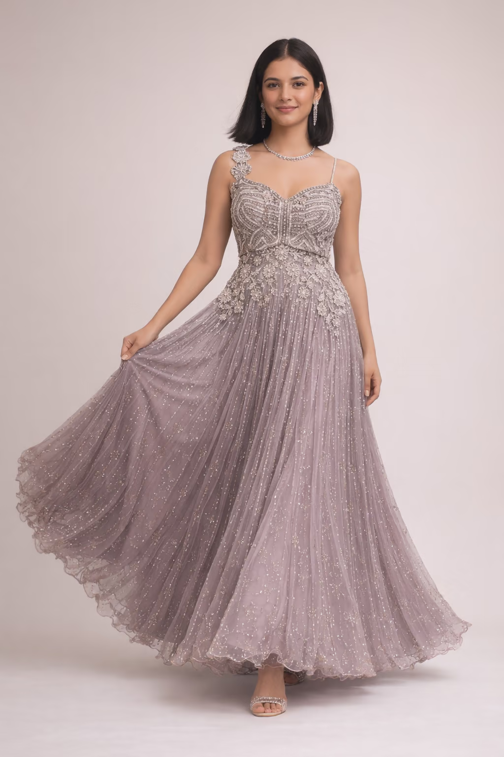 Embellished Lavender Net Evening Gown
