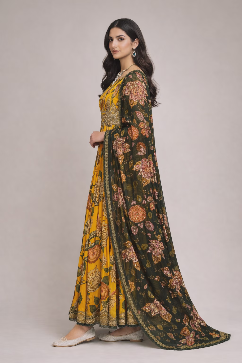 Floral Embroidered Chiffon Anarkali Suit with Dupatta
