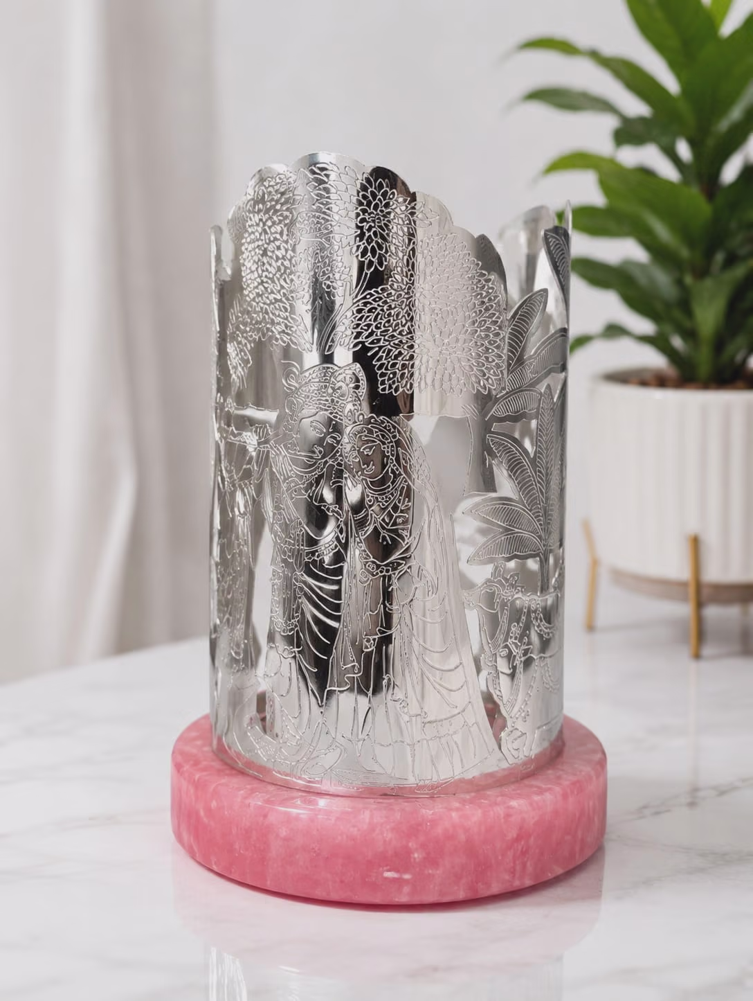 Engraved silver plated Cylindrical Sculpture with Pink Stone Base