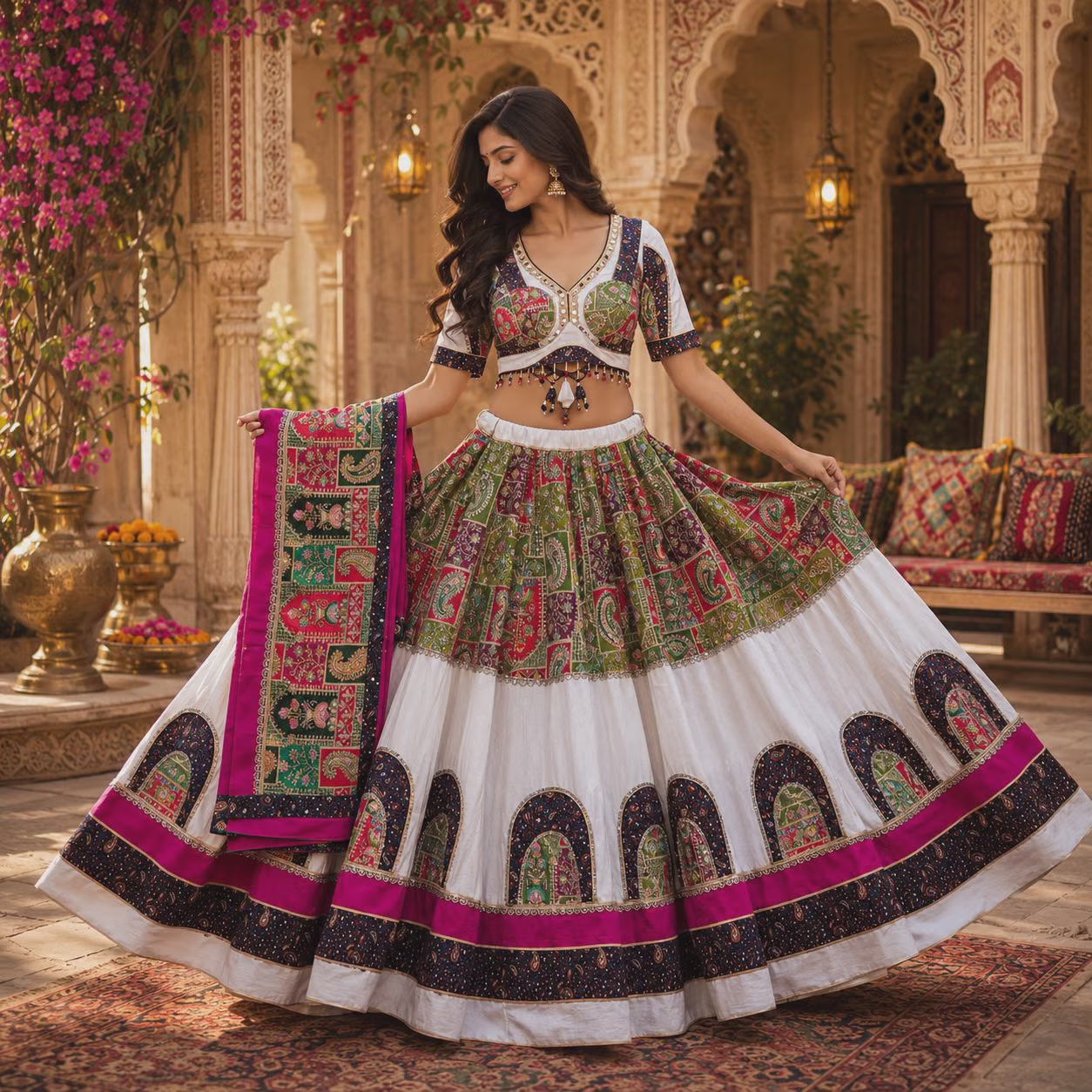 White and Multicolor Cotton Blend Lehenga Choli with Embroidered Dupatta