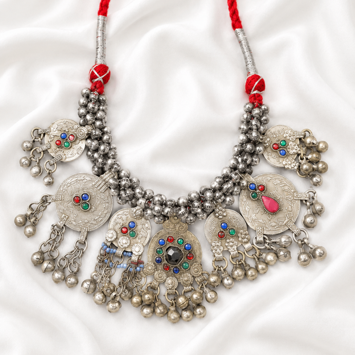 Tribal Oxidised Silver Necklace with Multicolour Stone Work
