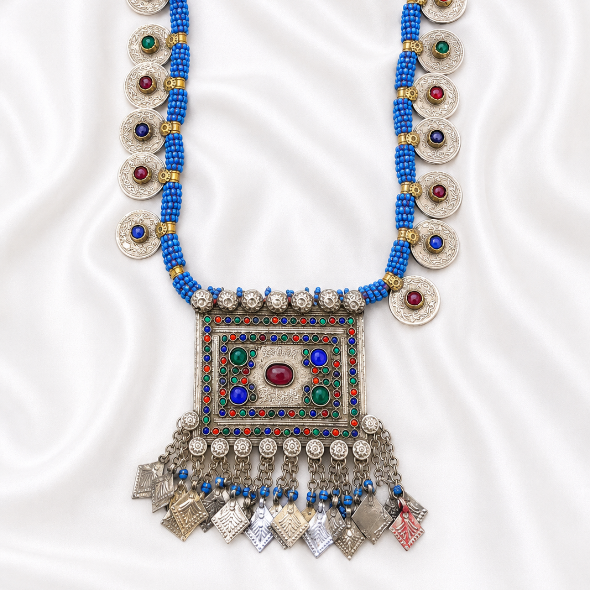 Tribal Silver Necklace with Blue Beads and Multicolour Stone Inlay