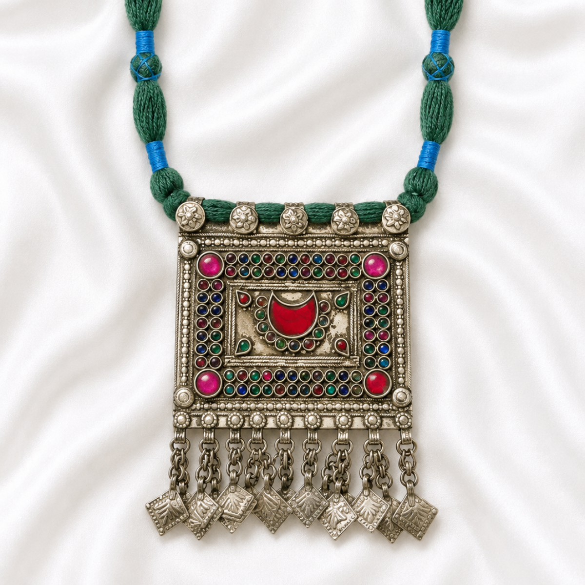 Tribal Silver Pendant Necklace with Multicolour Glass Inlay