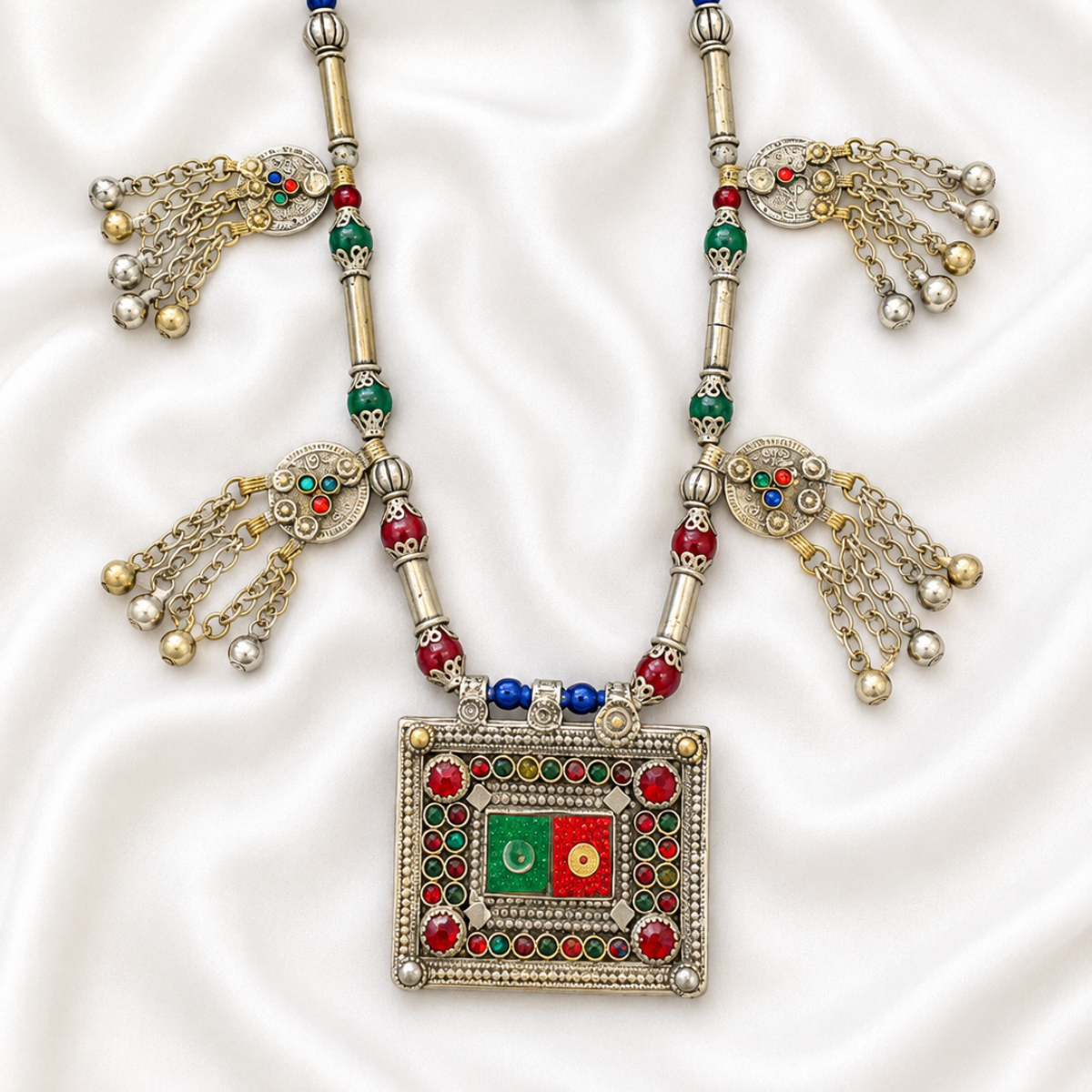 Tribal Silver Necklace with Multicolor Beads and Square Pendant