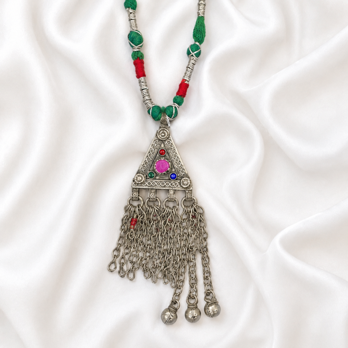 Tribal Silver-Tone Pendant Necklace with Colored Beads