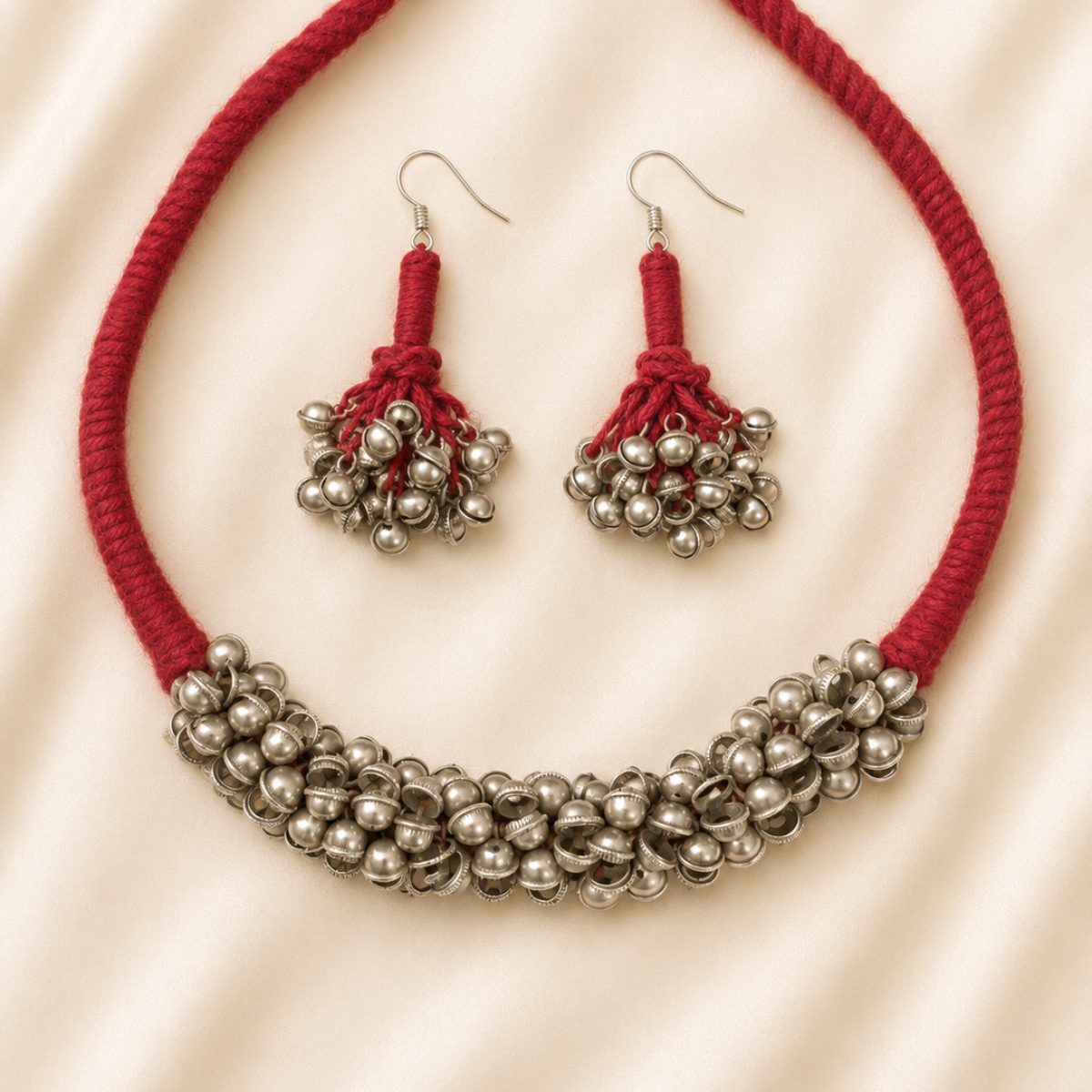 Thread Necklace and Earrings Set with Silver-Tone Ghungroo Beads