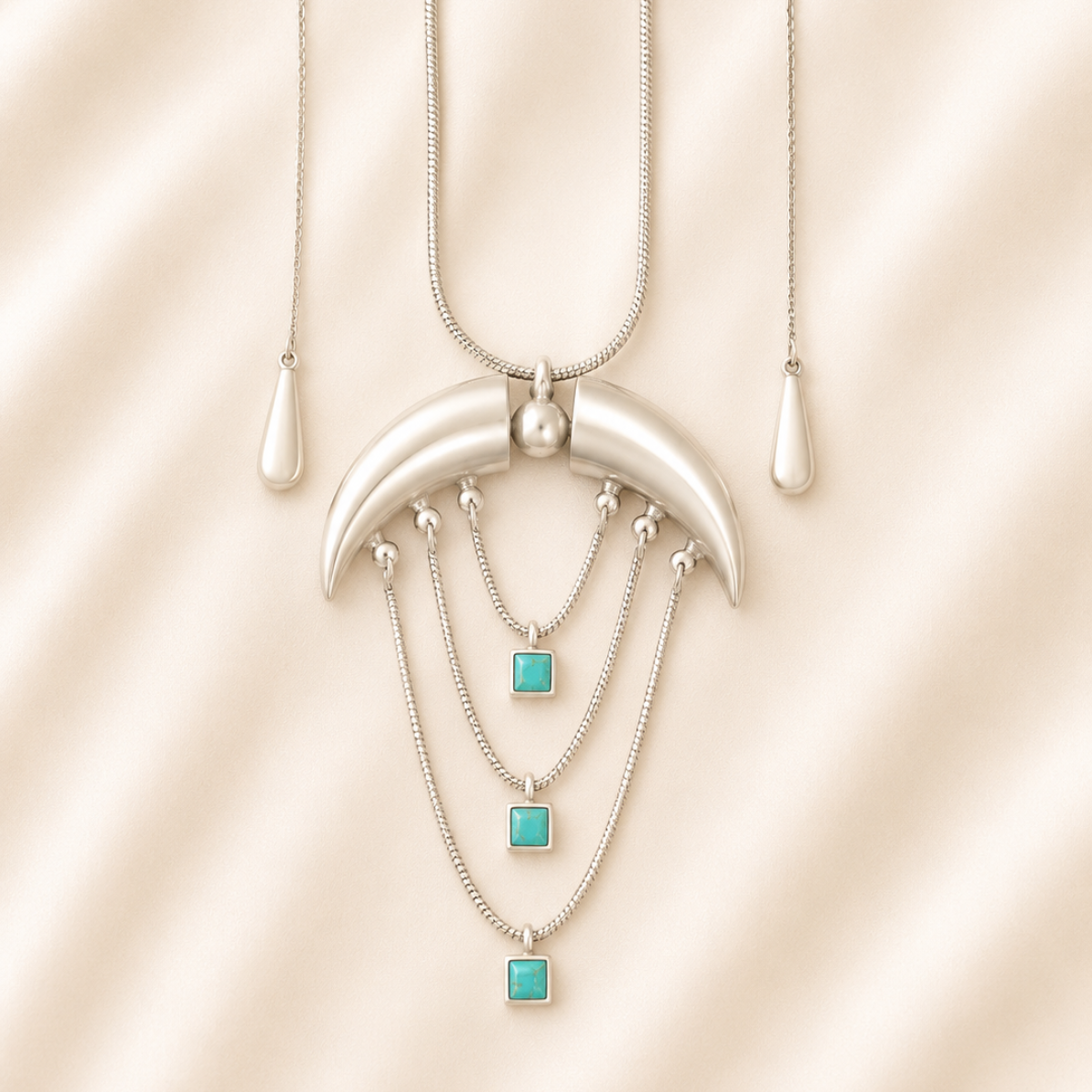 Silver Necklace with Crescent Pendant and Turquoise Stones