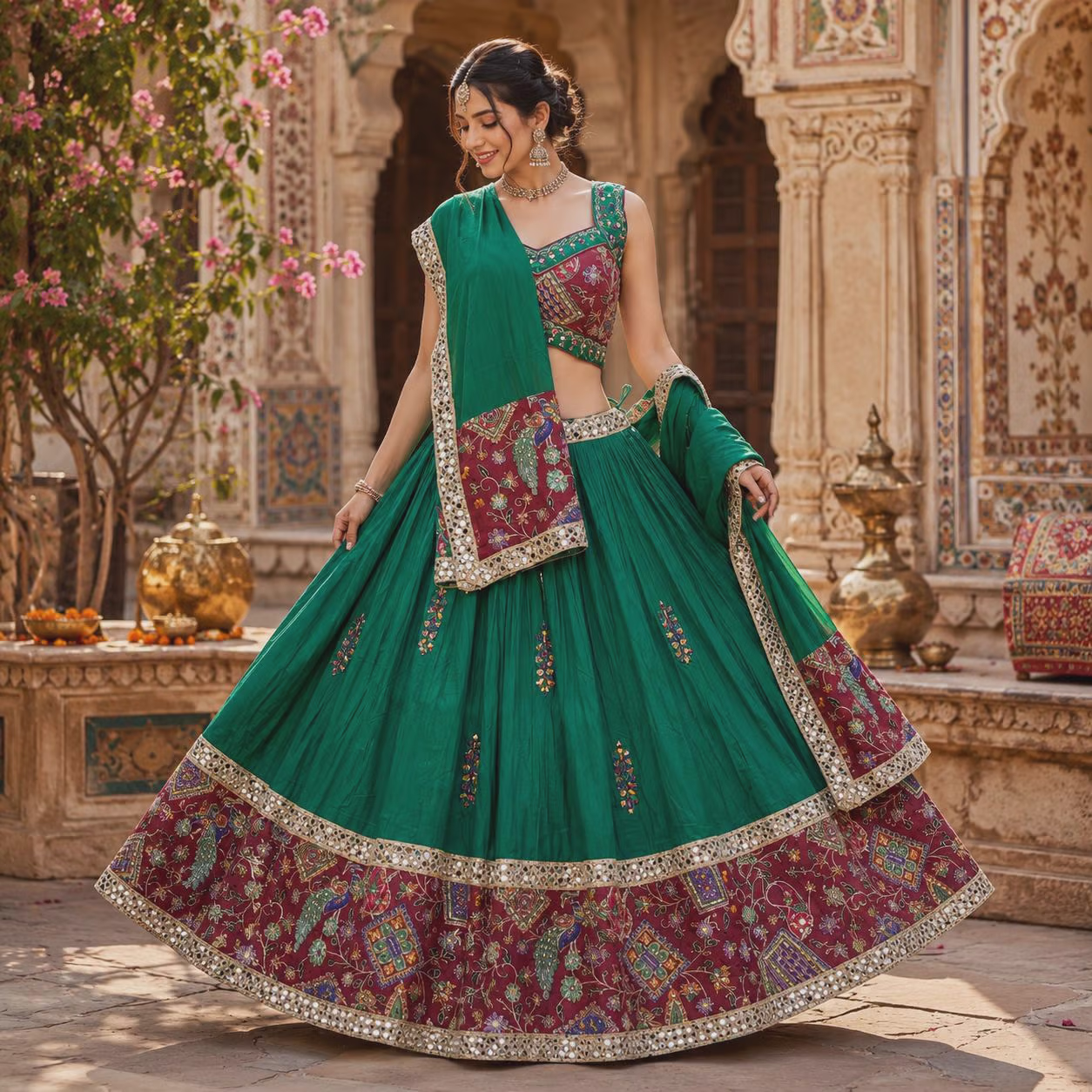 Green Silk Blend Lehenga Choli with Maroon Embroidered Border