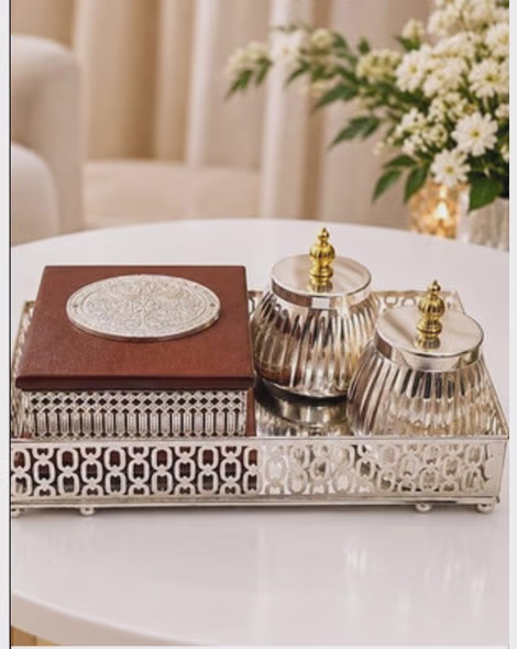 Silver Decorative Tray with Jars and Box