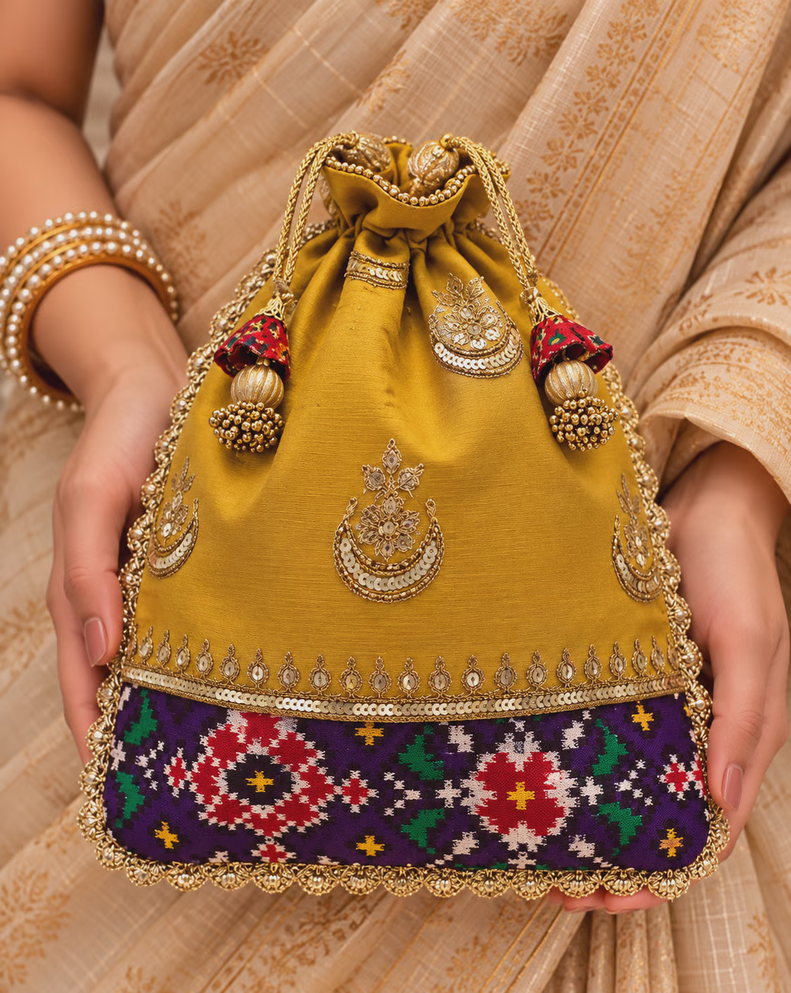 Mustard Real Patola Potli Bag