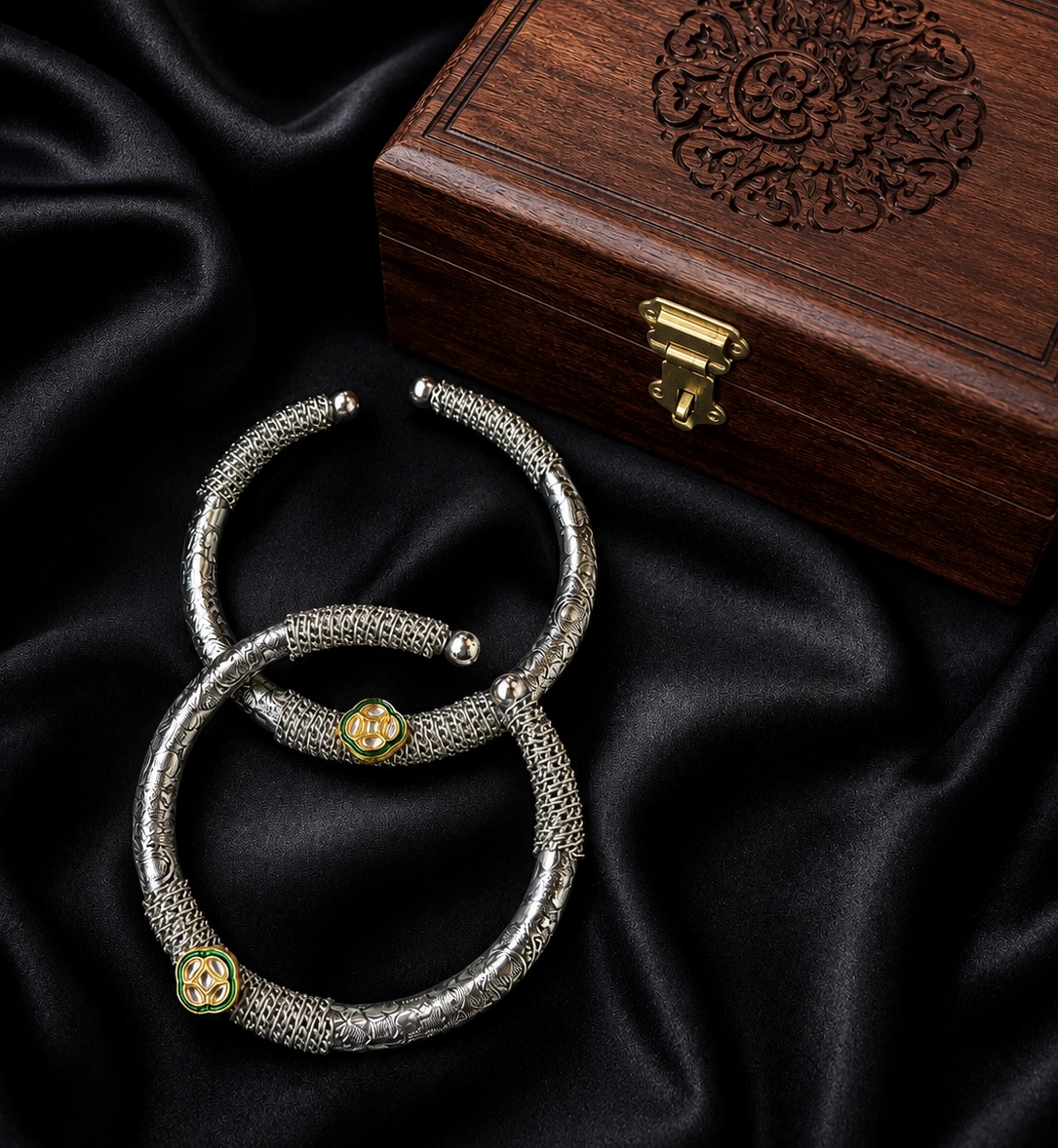 Oxidised Kundan German Silver Plated Ethnic Traditional Kada Anklet Pair for Women