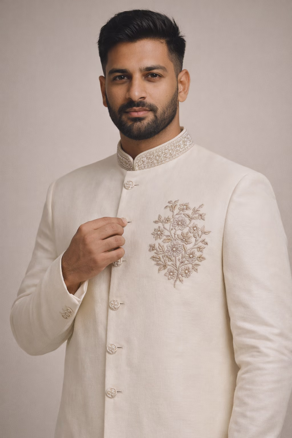 Ivory Silk Blend Sherwani with Subtle Floral Embroidery