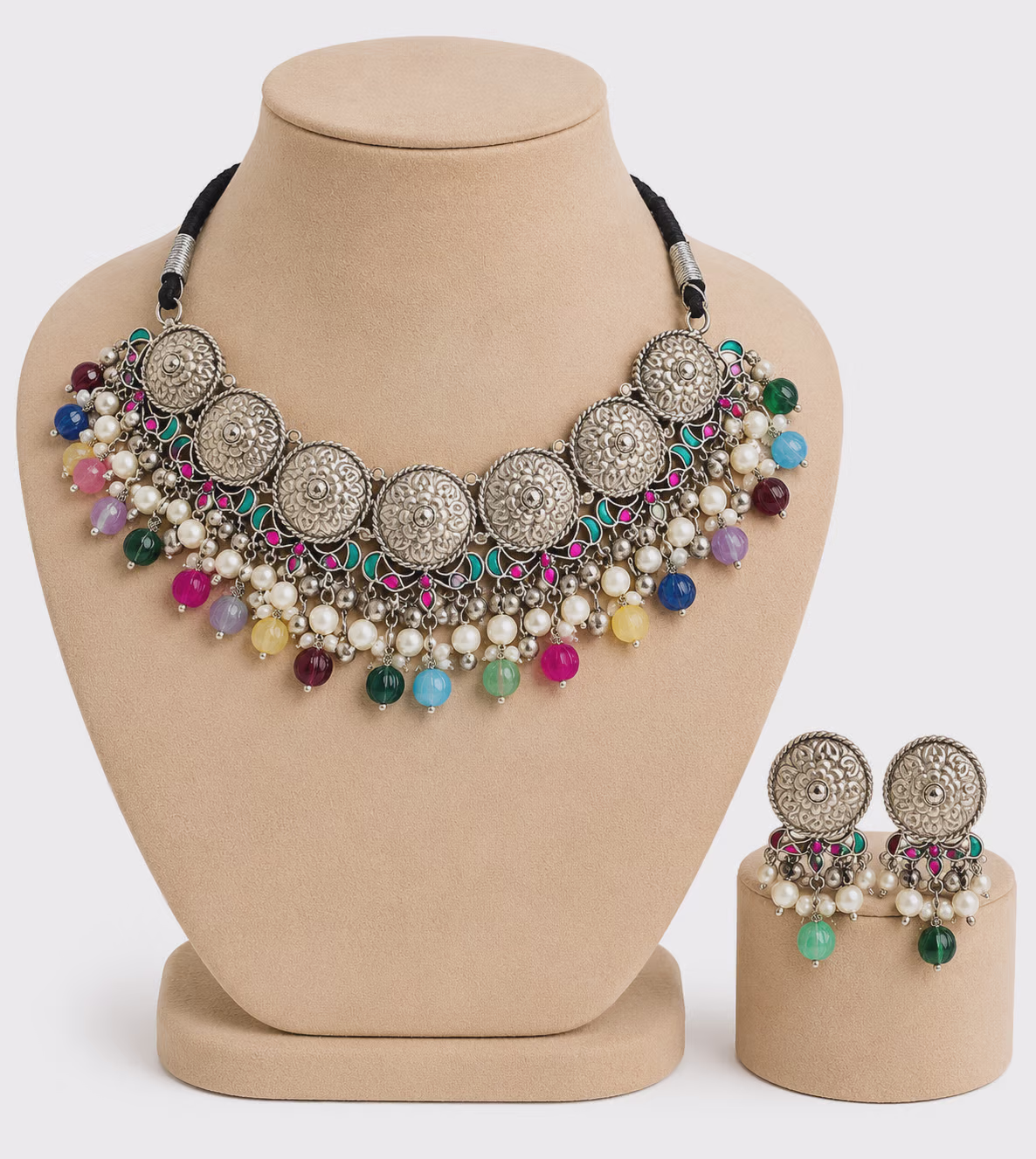 Oxidised Silver Necklace and Earrings Set with Multicolour Beads
