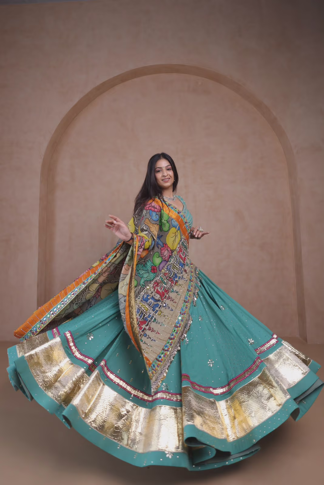 Teal Lehenga with Multicolored Printed Dupatta