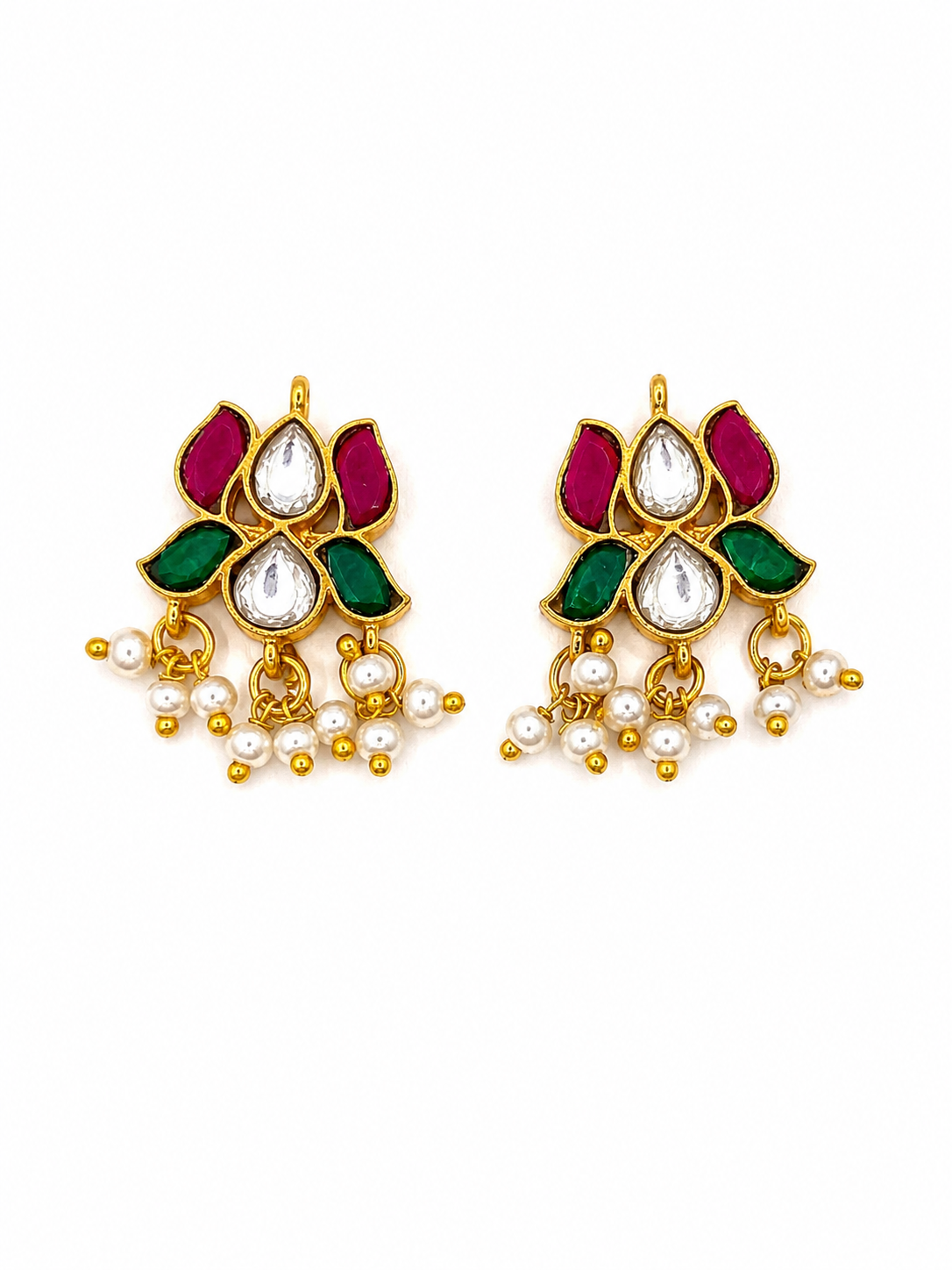 Gold Plated Lotus Motif Earrings with Kundan and Pearl Drops