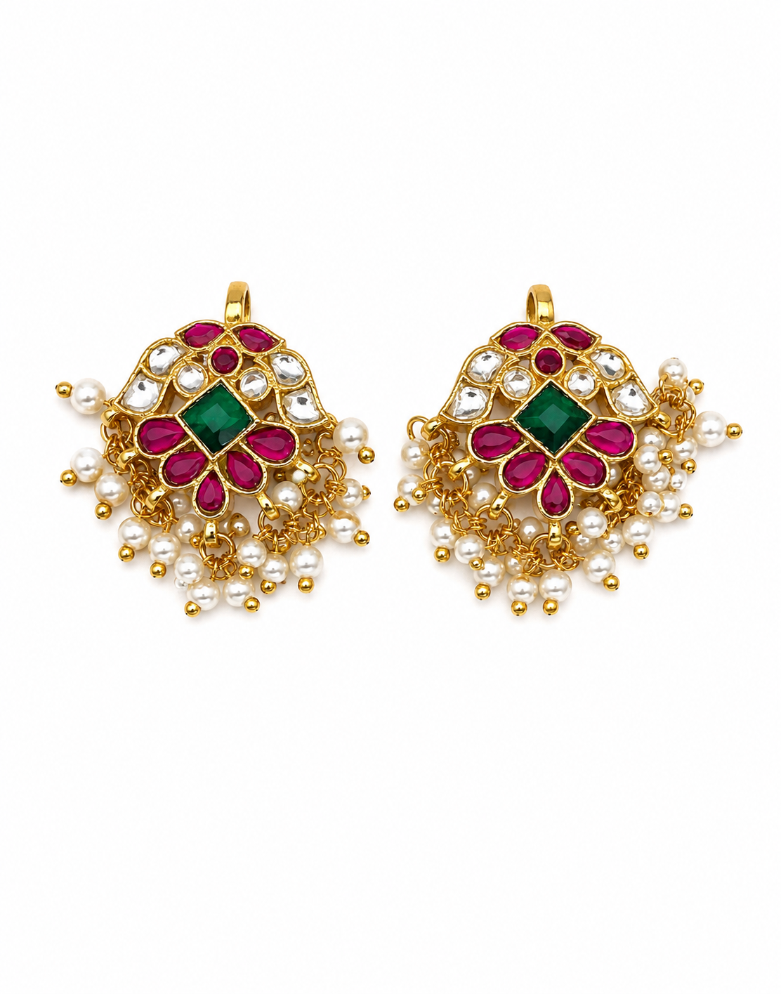 Gold Plated Floral Earrings with Pearl and Pink Stone Detailing