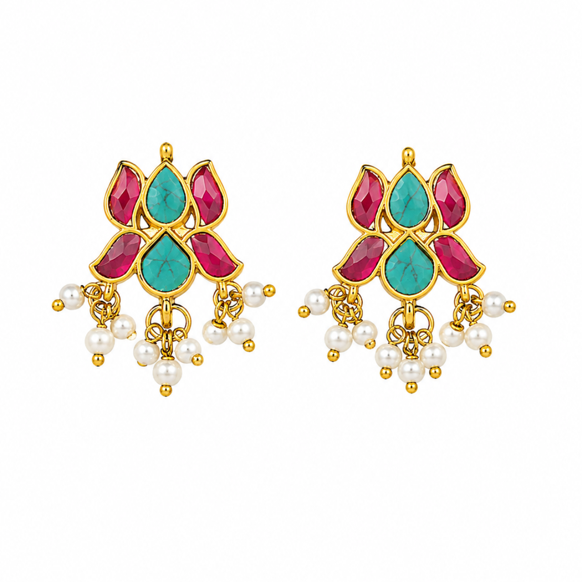 Gold Plated Earrings with Pink and Turquoise Stones and Pearl Drops