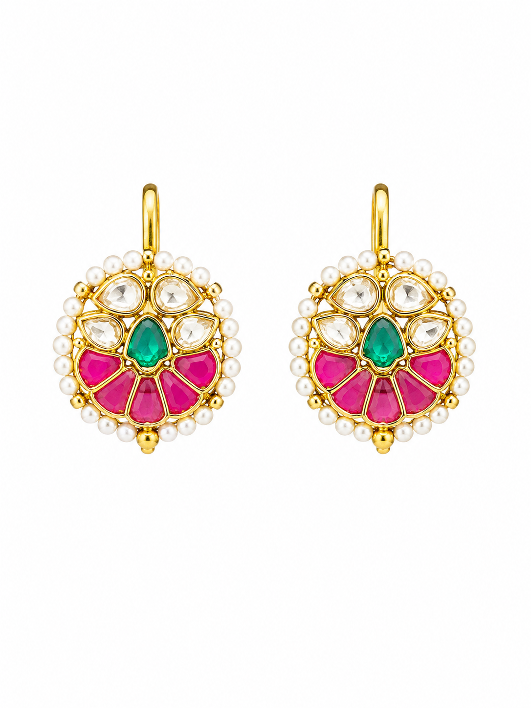 Kundan and Pearl Round Earrings with Pink and Green Stones