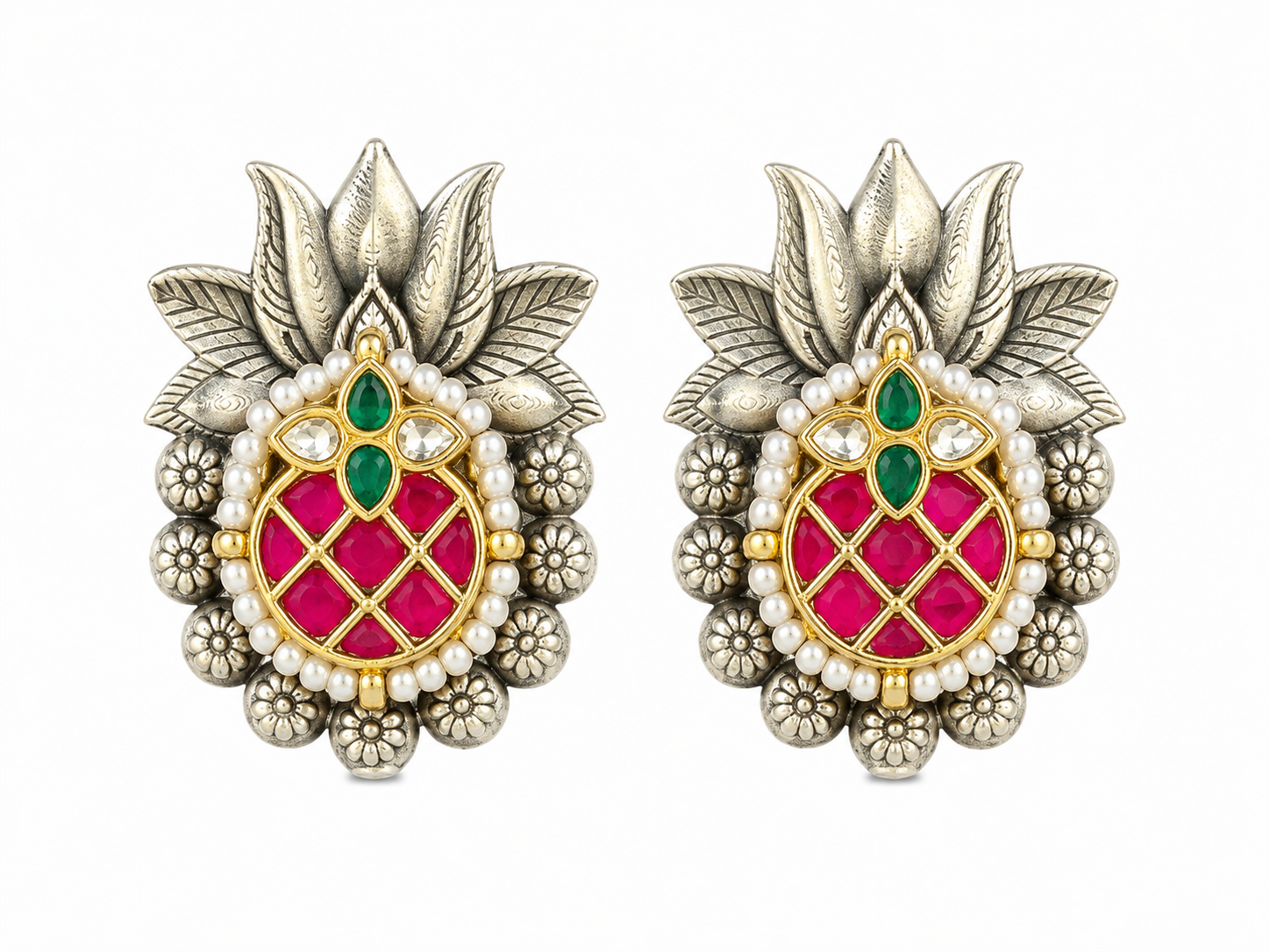 Antique Silver-Tone Earrings with Kundan and Pearl Detailing