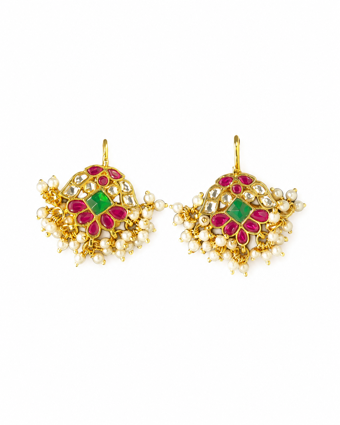 Kundan and Pearl Jhumka Earrings with Pink and Green Stonework