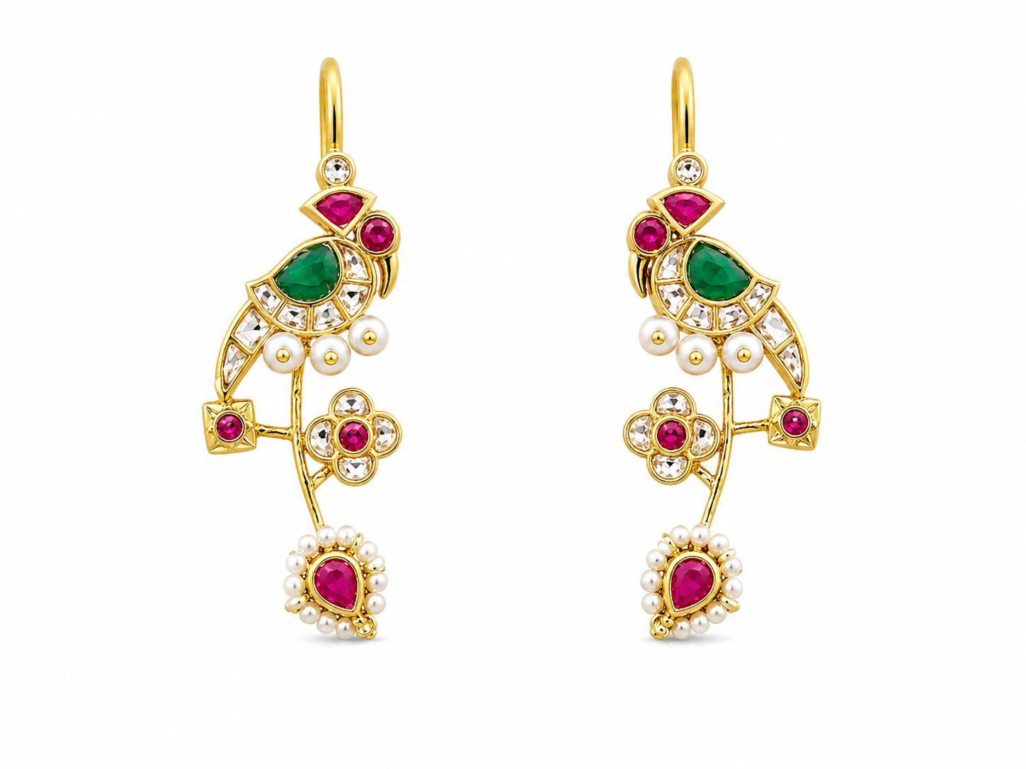 Parrot Motif Kundan and Stone Drop Earrings