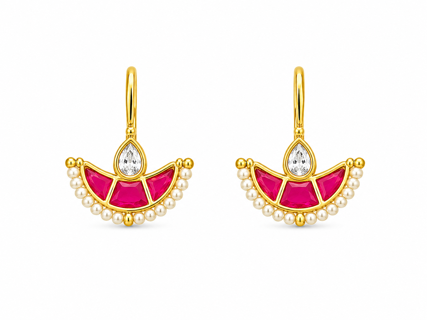 Gold-Plated Pink Stone and Pearl Chandbali Earrings