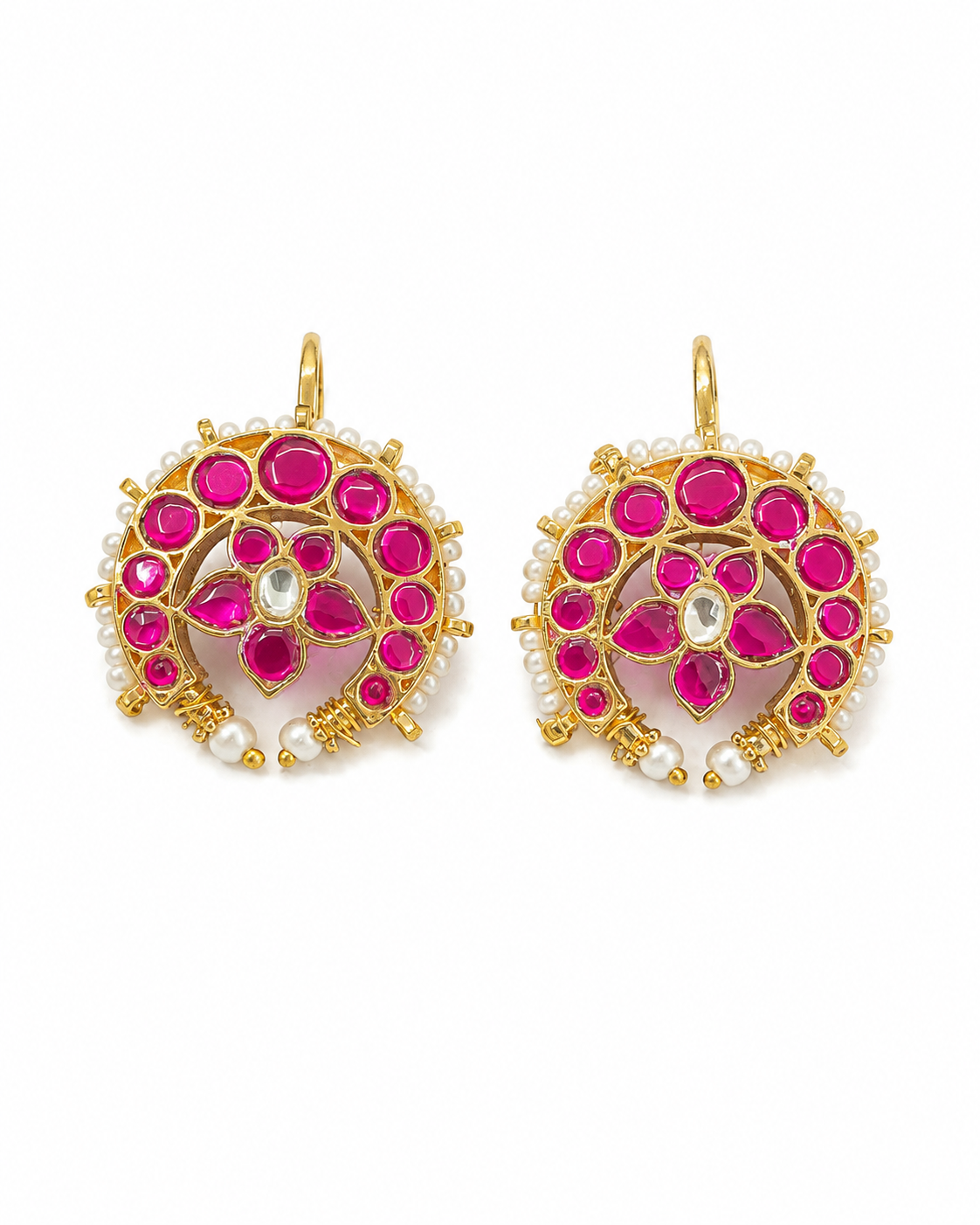 Pink Kundan Chandbali Earrings with Pearl Detailing