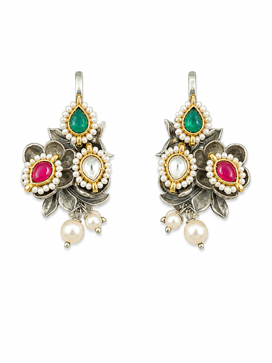 Floral Silver Earrings with Kundan, Pearl and Colored Stone Detail