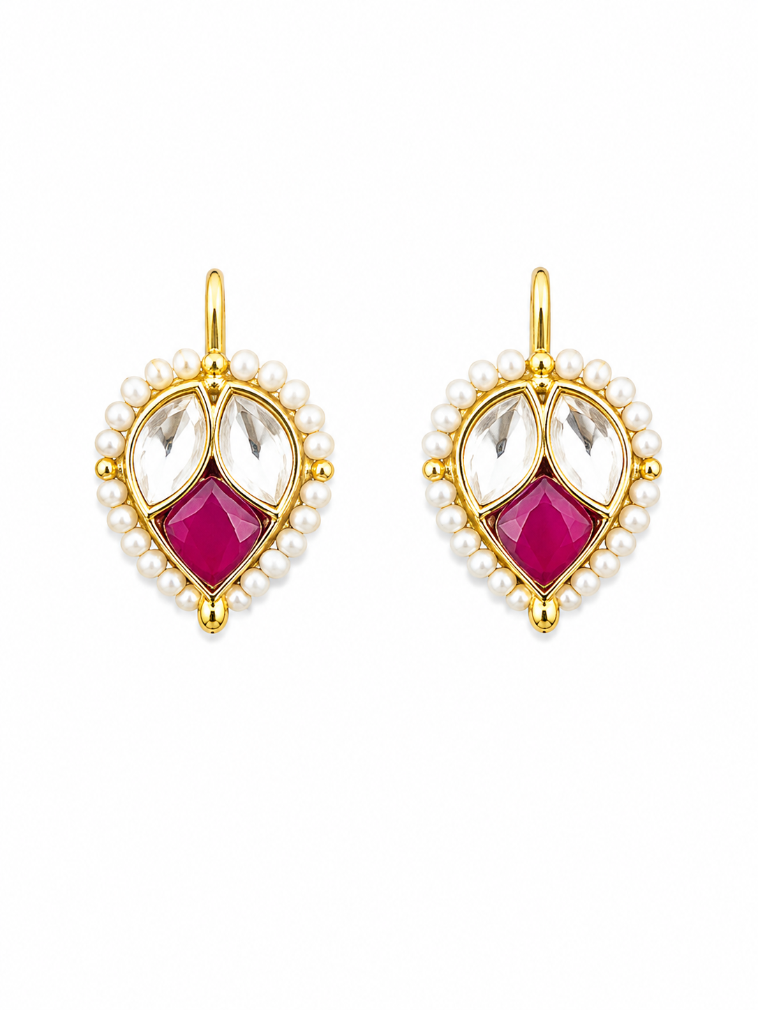 Kundan and Pearl Drop Earrings with Pink Stone