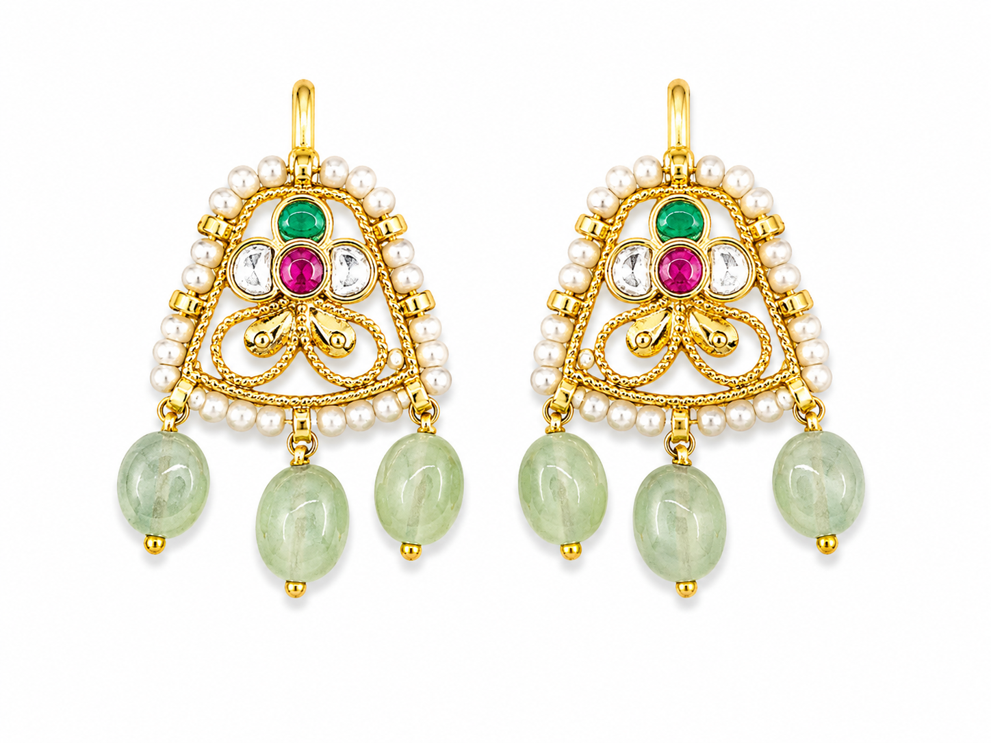 Kundan and Pearl Drop Earrings with Green Beads