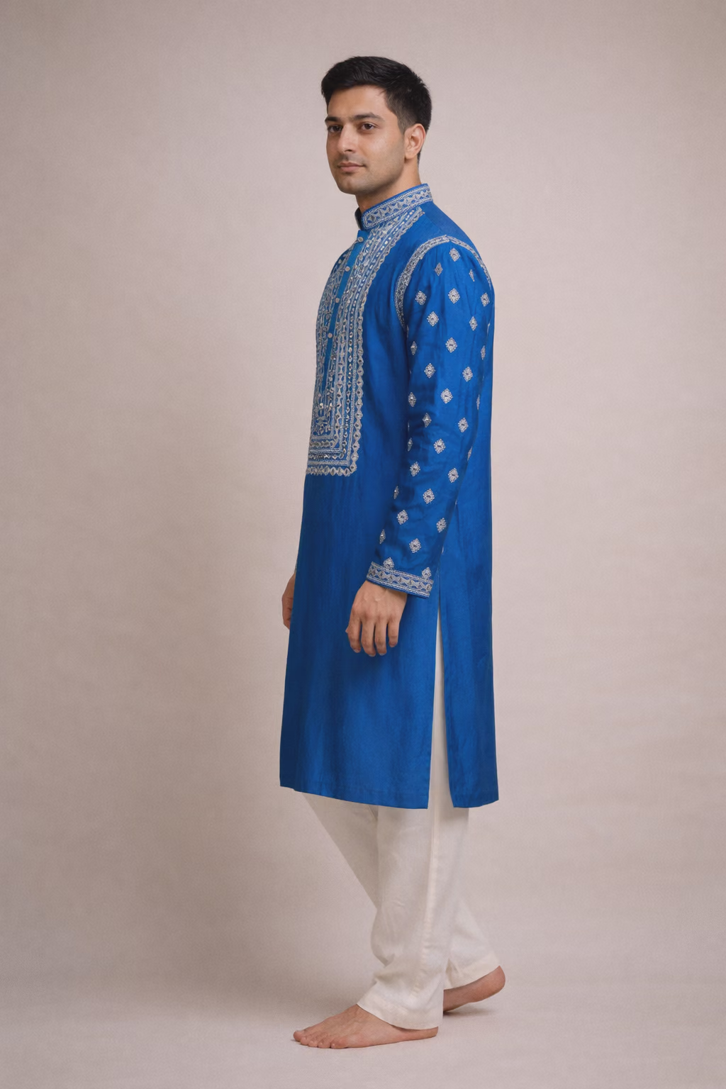 Royal Blue Embroidered Cotton Kurta Pajama with dupatta Set