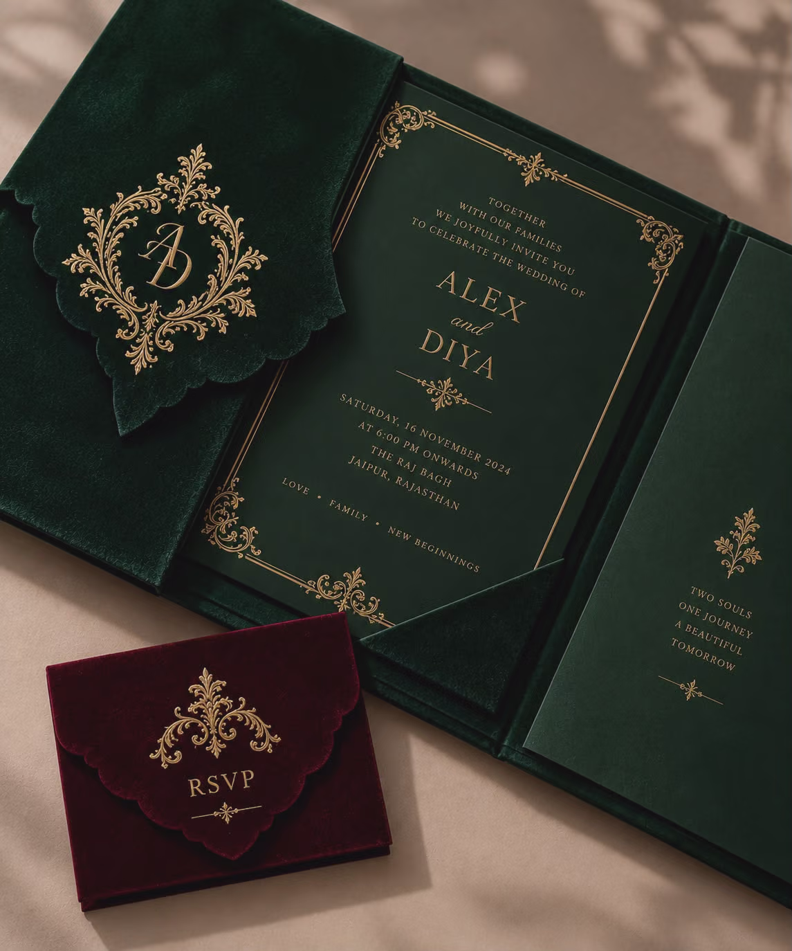 Green and Maroon Velvet Wedding Invitation Set