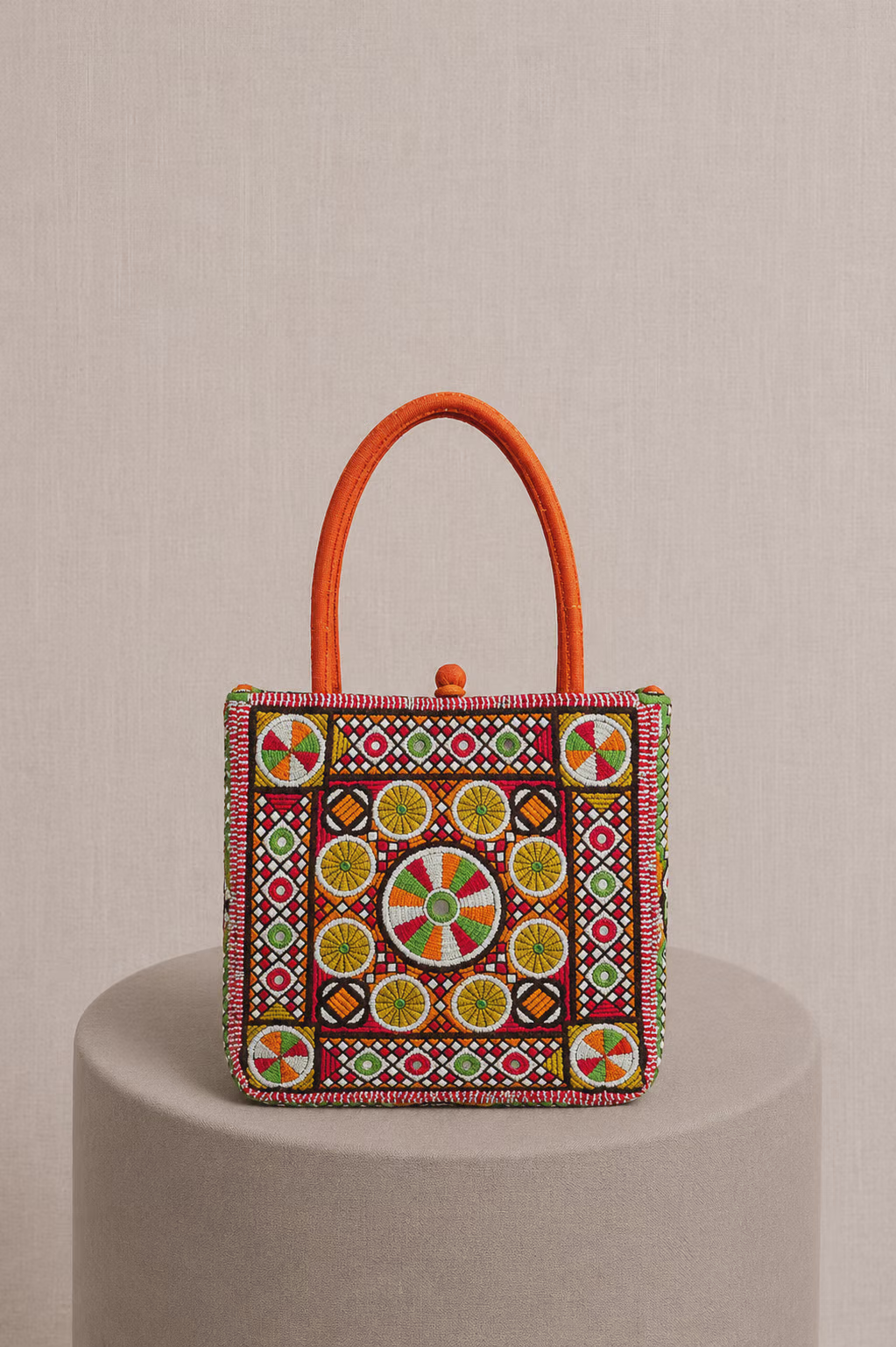 Boxy Fabric Handbag with Multicolour Embroidery