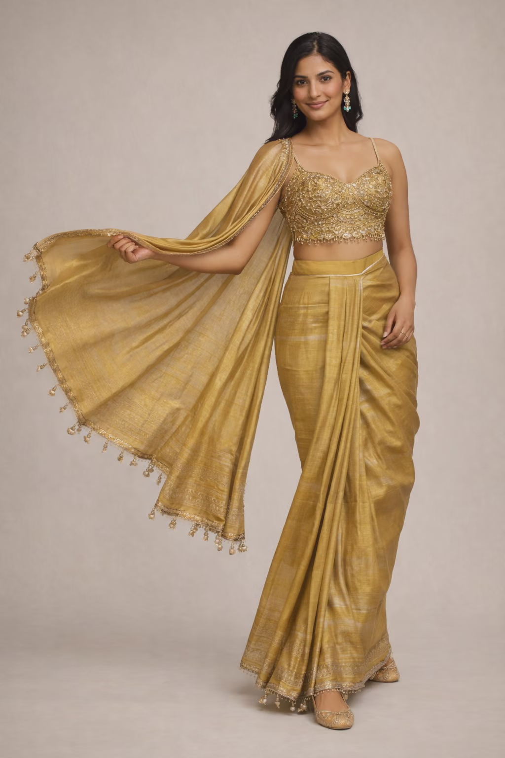 Gold Silk Blend Saree with Heavy Embellished Blouse
