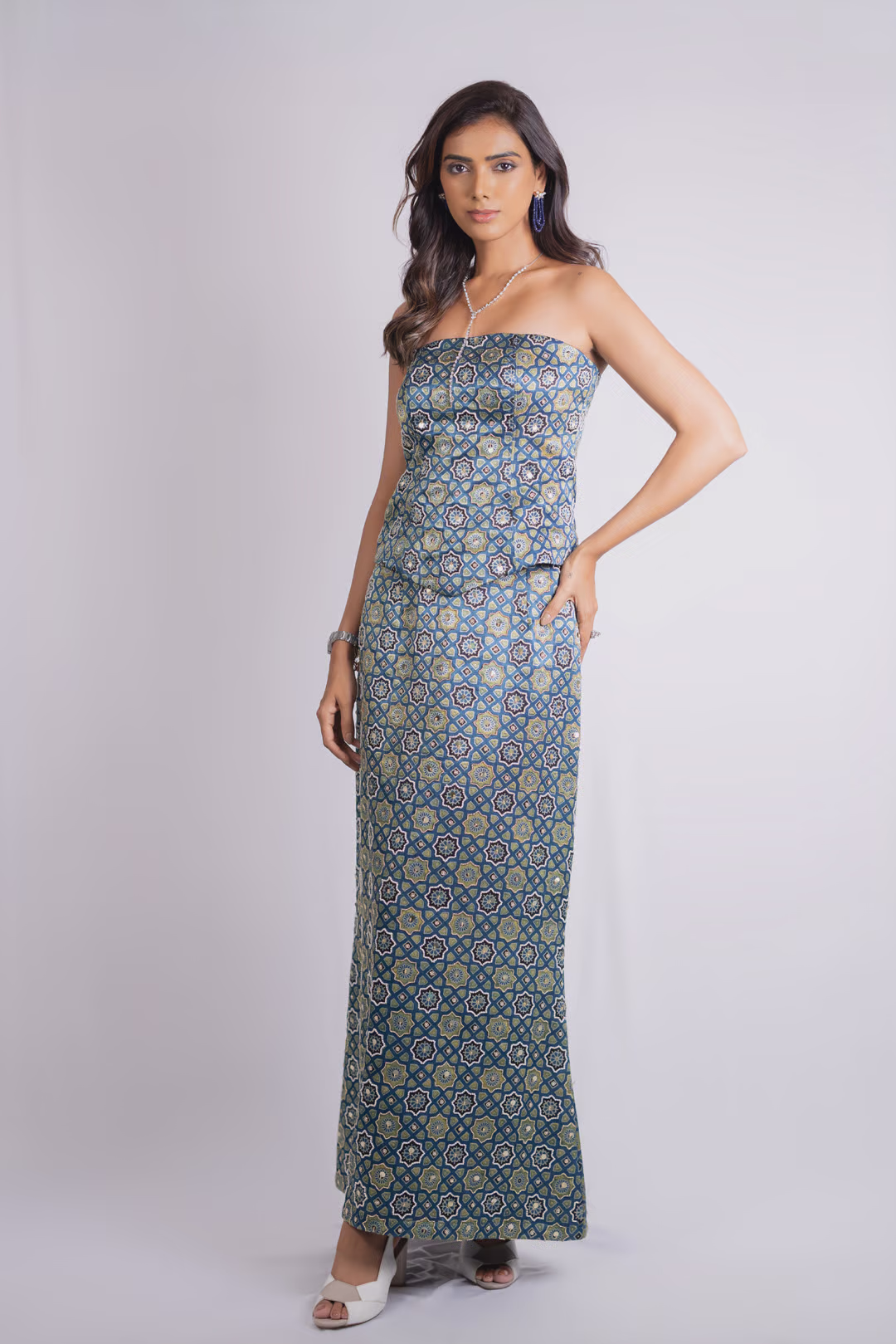 Blue Geometric Pattern Strapless Gown