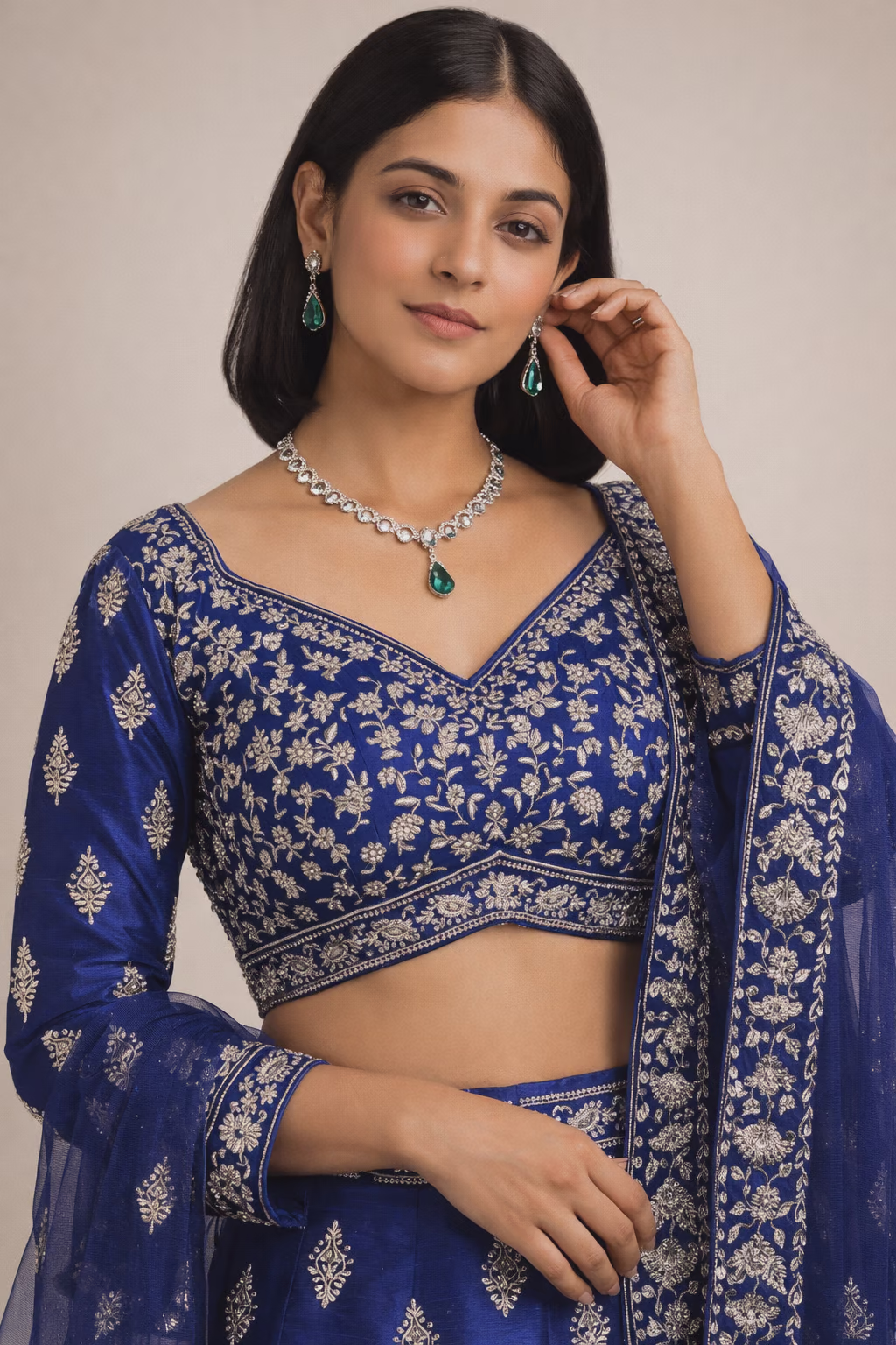 Royal Blue Embroidered Silk Blend Lehenga Choli
