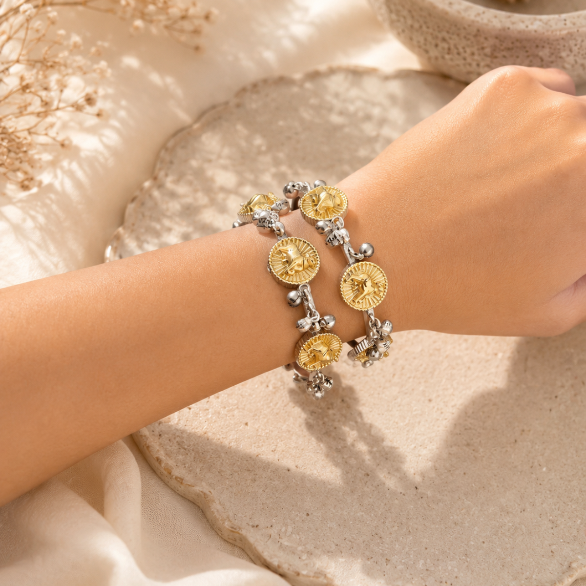 Silver and Gold Coin Motif Bracelet