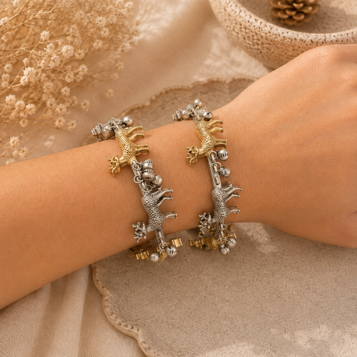 Oxidised Silver and Gold Deer Motif Bracelet Set