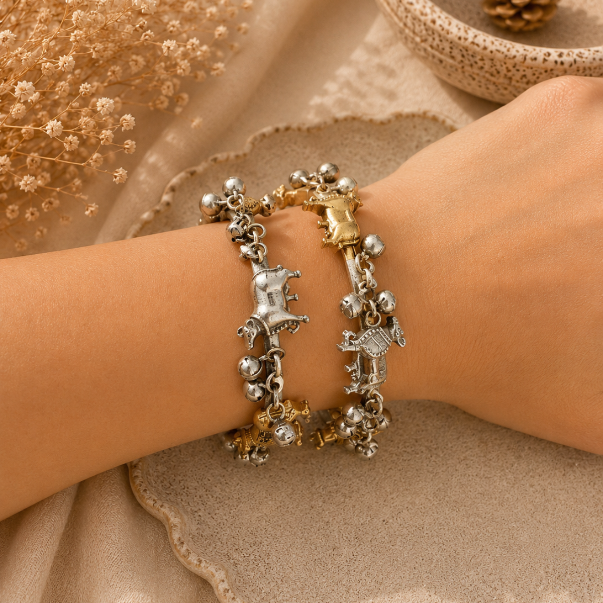 Oxidised Silver and Gold Cow Motif Bracelet Set