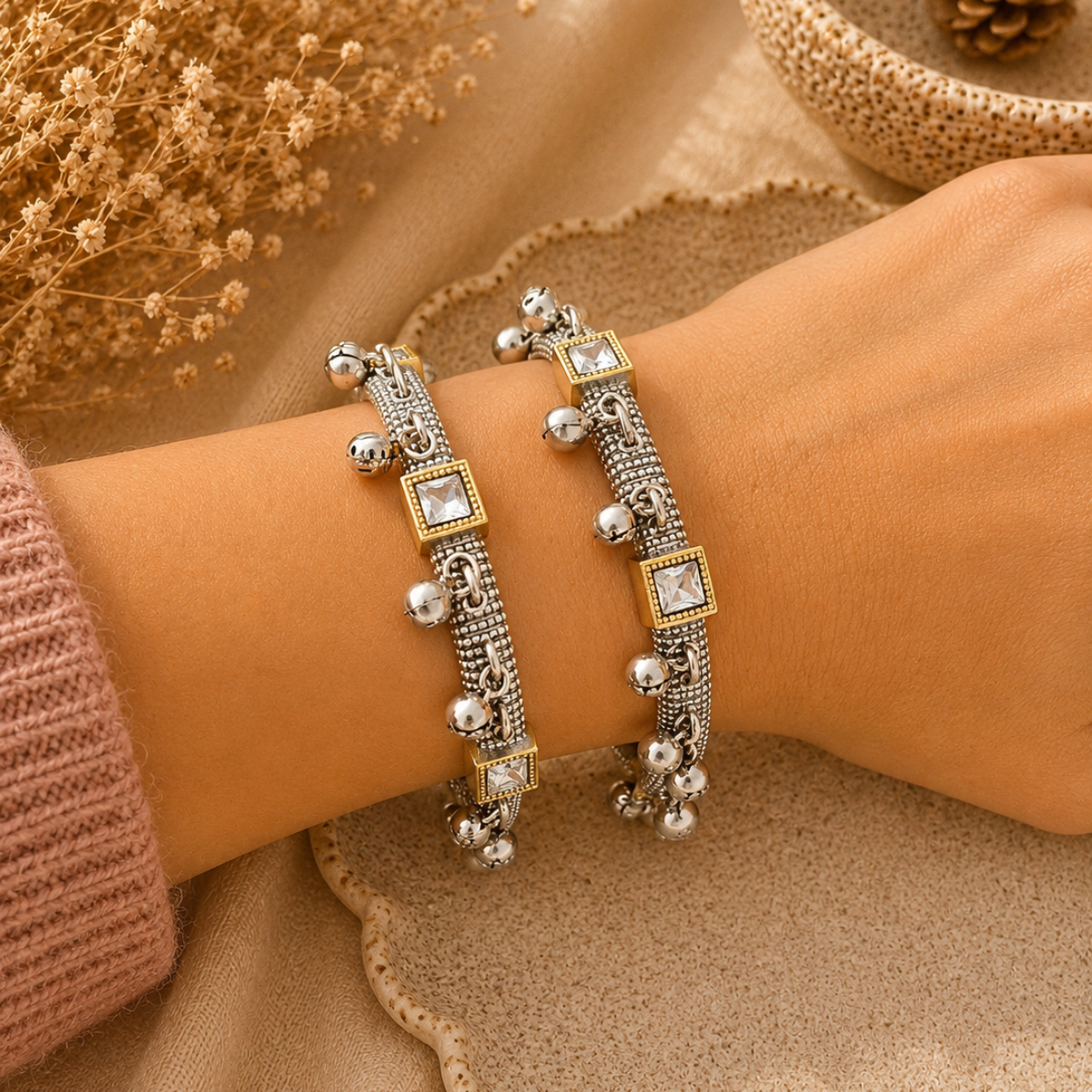Oxidised Silver Payal with Square Stone and Ghungroo Detailing