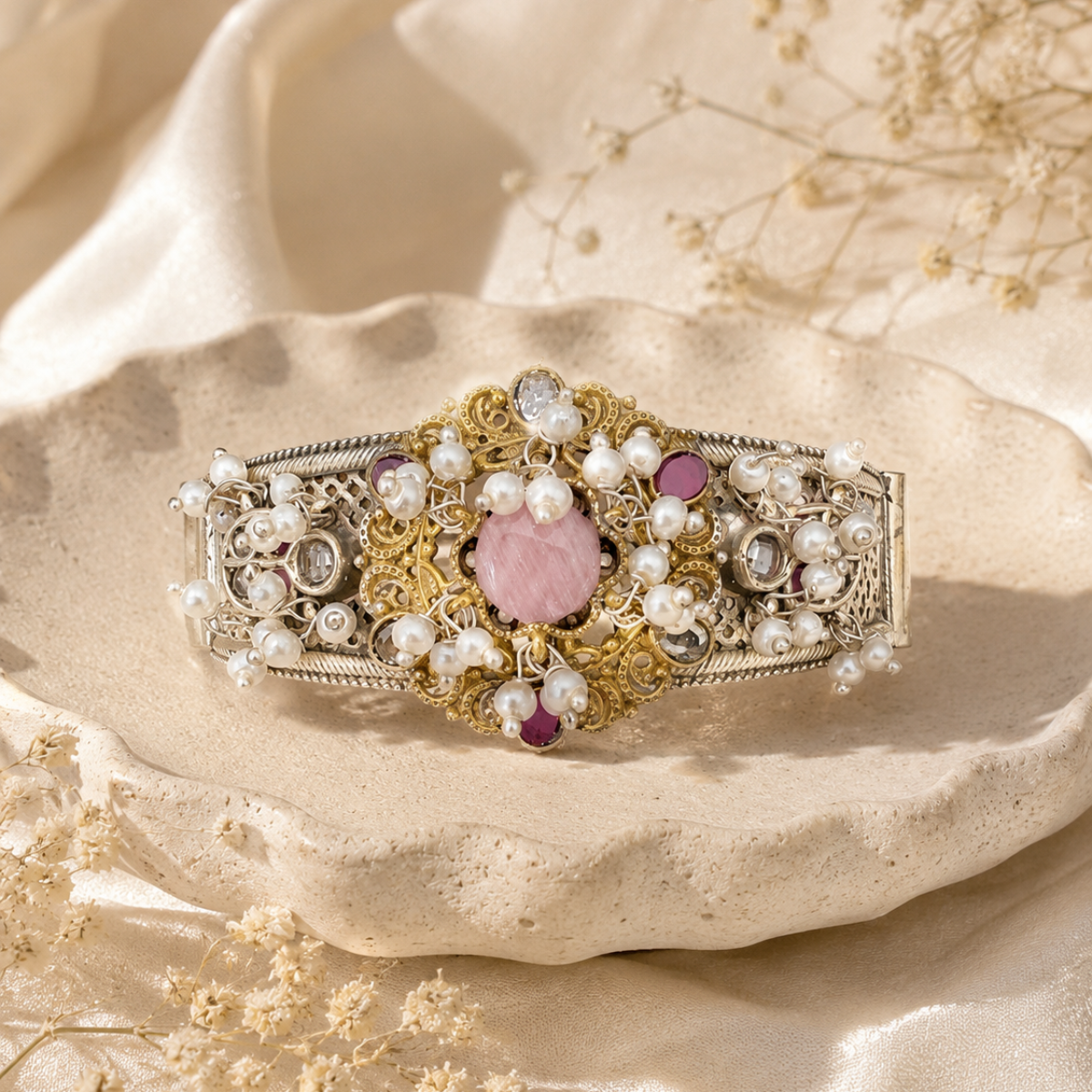Antique Silver and Gold-Tone Kada with Pearl and Stone Embellishments