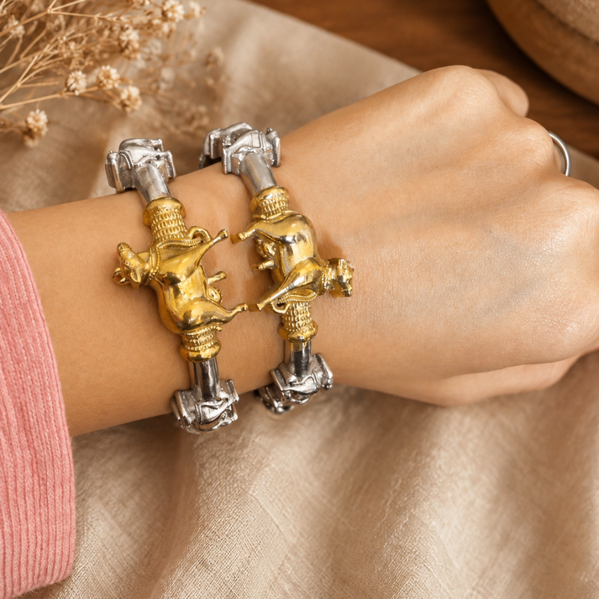 Oxidised Silver and Gold Cow Motif Kada Bracelet