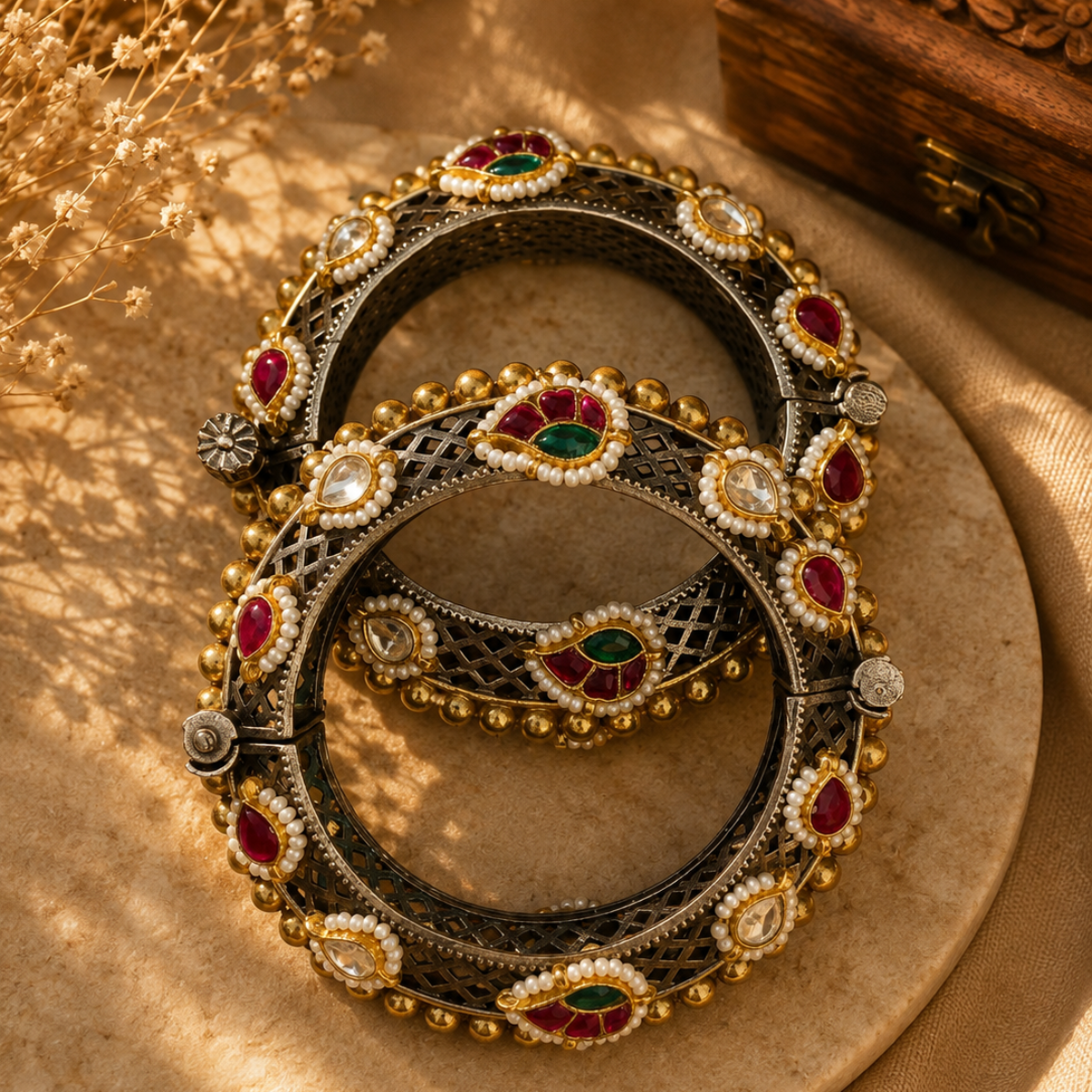 Antique Finish Kundan and Pearl Bangles