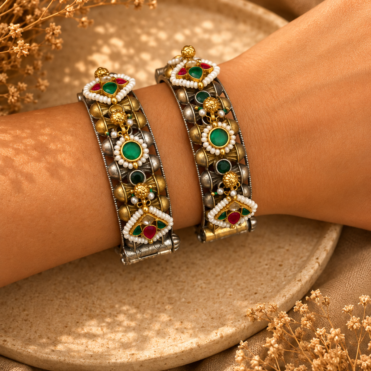 Antique Finish Kundan and Pearl Bangles